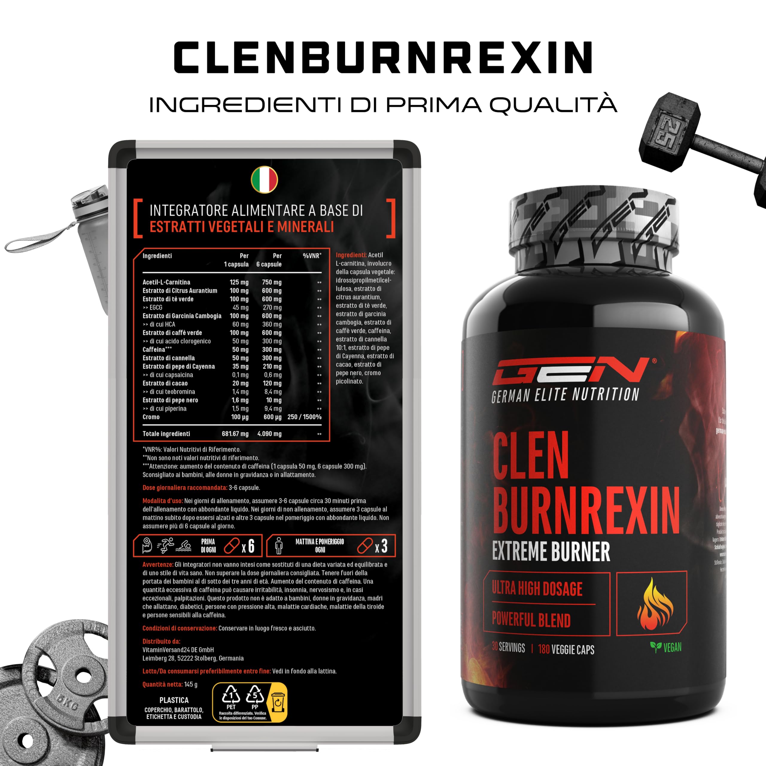 Elite Fat Burners & Cutting Clenburnrexin 180 capsule vegane con caffeina