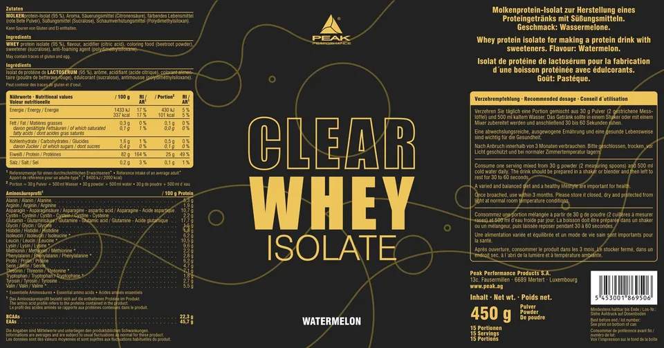 Green Peak Proteins PEAK Clear Whey Isolate proteine 450 g anguria