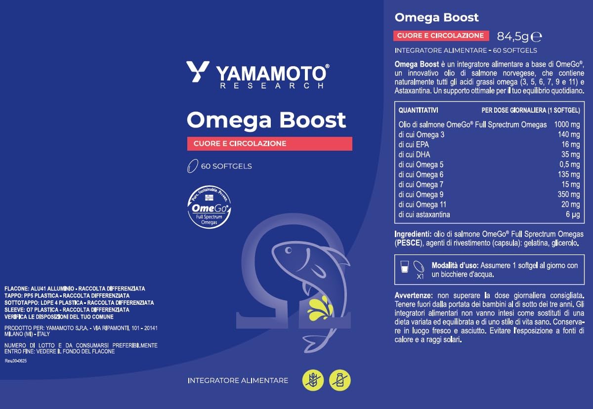 Yamamoto Omega-3 e Cuore e Circolazione Omega Boost integratore omega-3 60 softgel olio di salmone