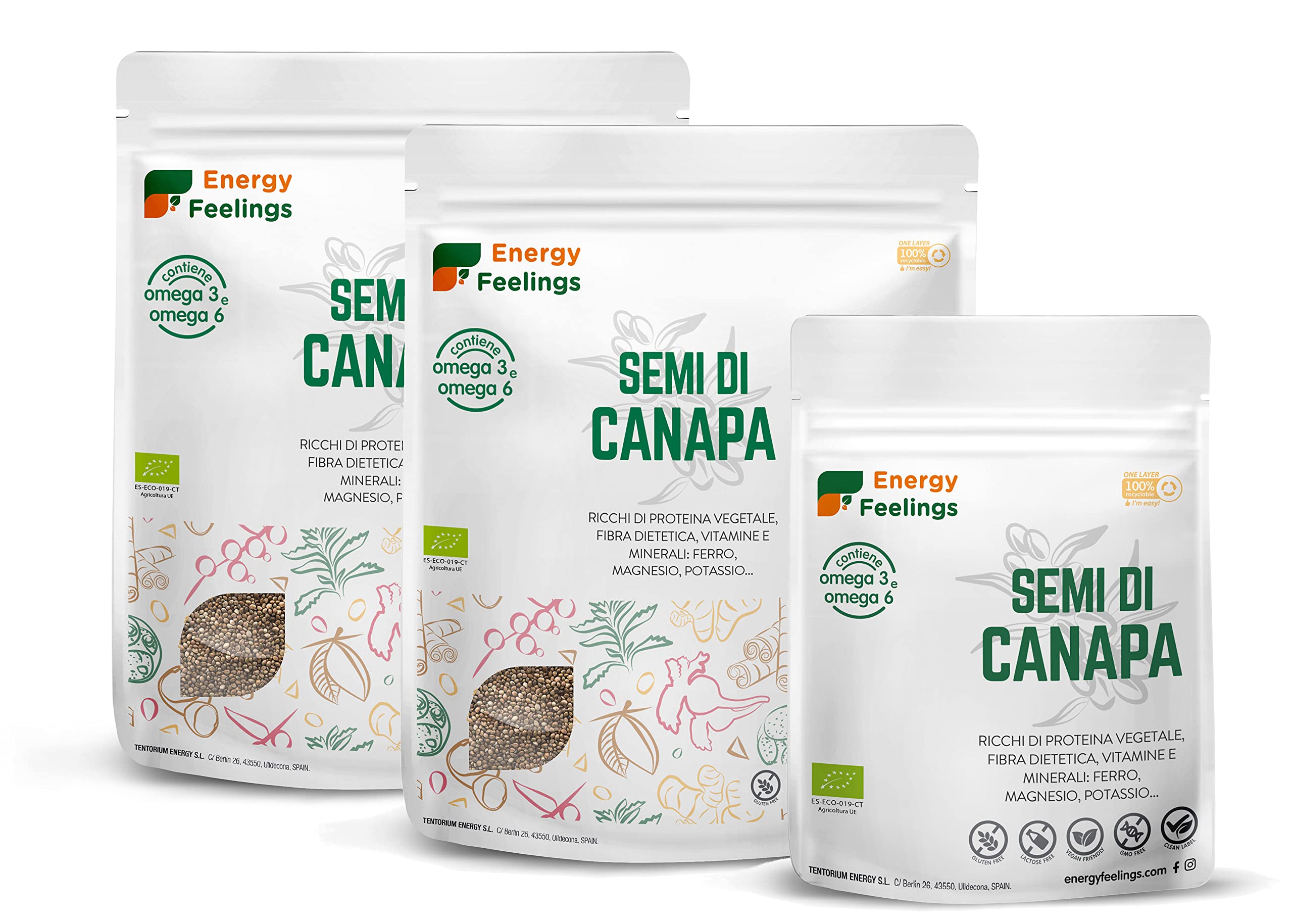 Energy Feelings Dietética & Suplementos Semi di Canapa Interi BIO Certificati 1 kg, 30% proteine