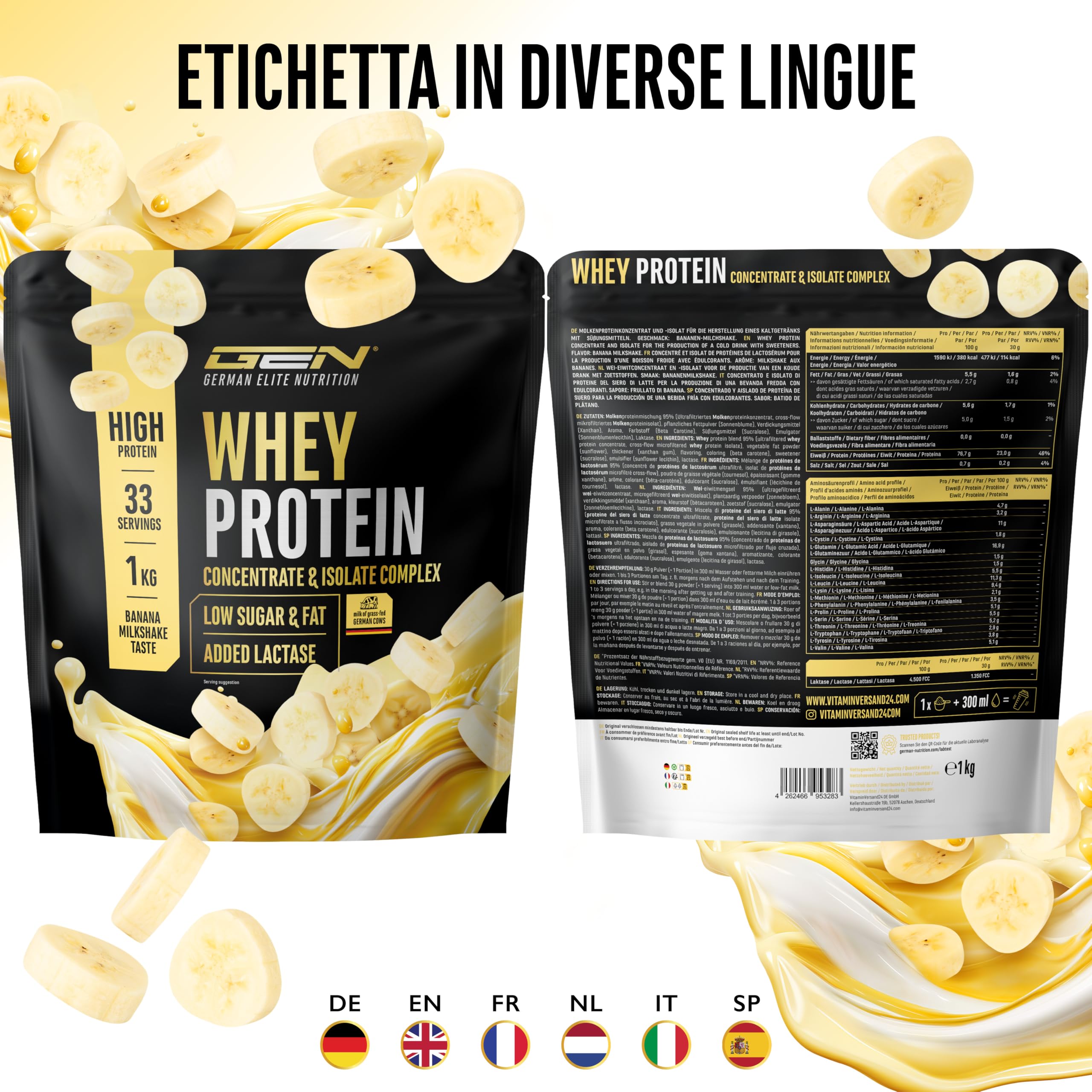 Elite Whey Protein in Polvere proteine gusto Frullato alla Banana 1000 g con lattasi