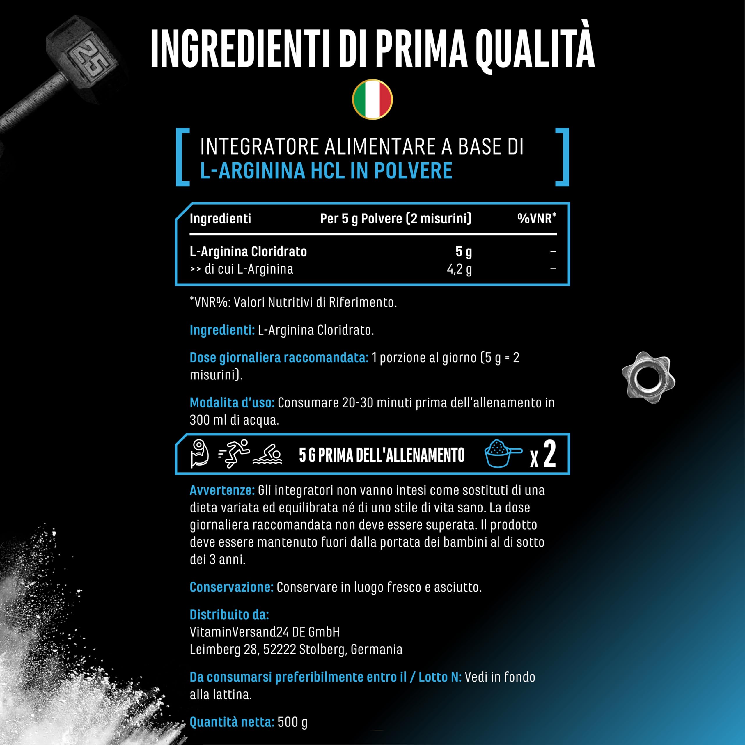 Elite Amino Singles L-Arginina HCL integratore in polvere 500 g origine vegetale