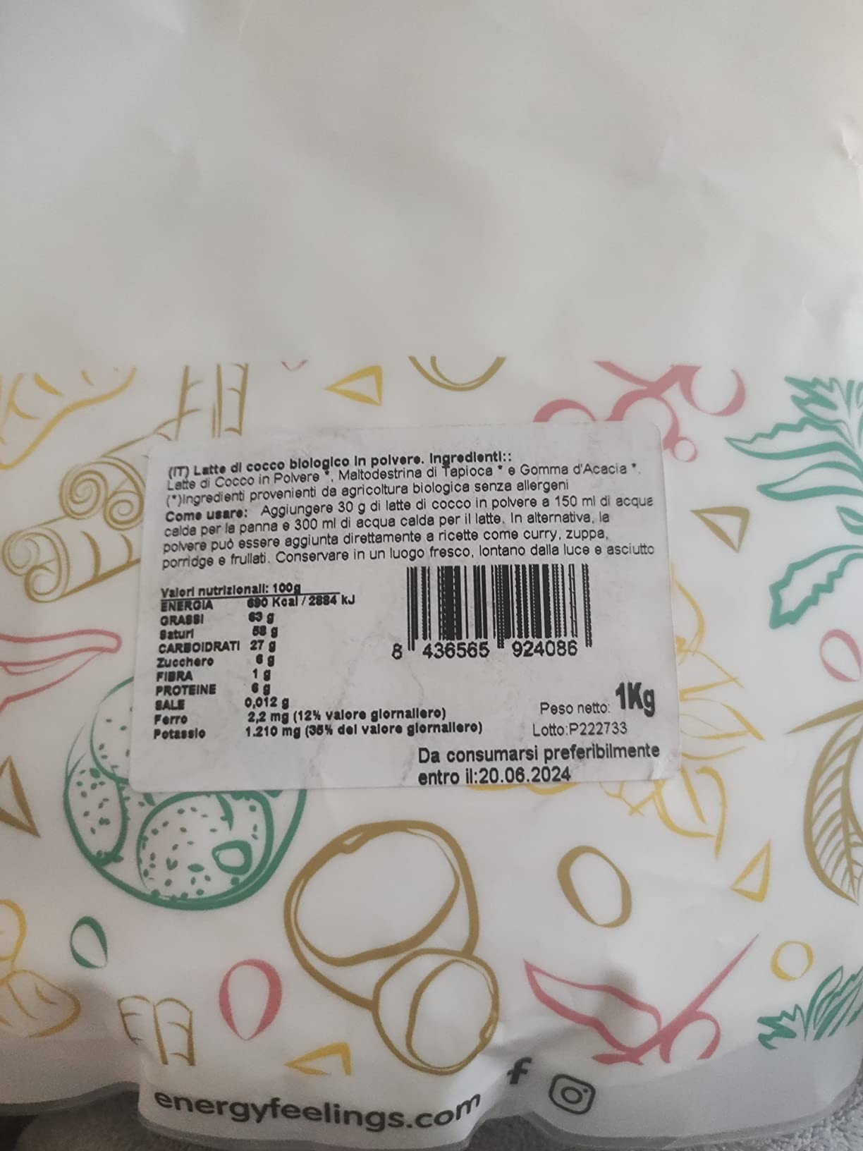 Energy Feelings Dietética & Suplementos Latte di Cocco in Polvere Bio 1 kg senza lattosio