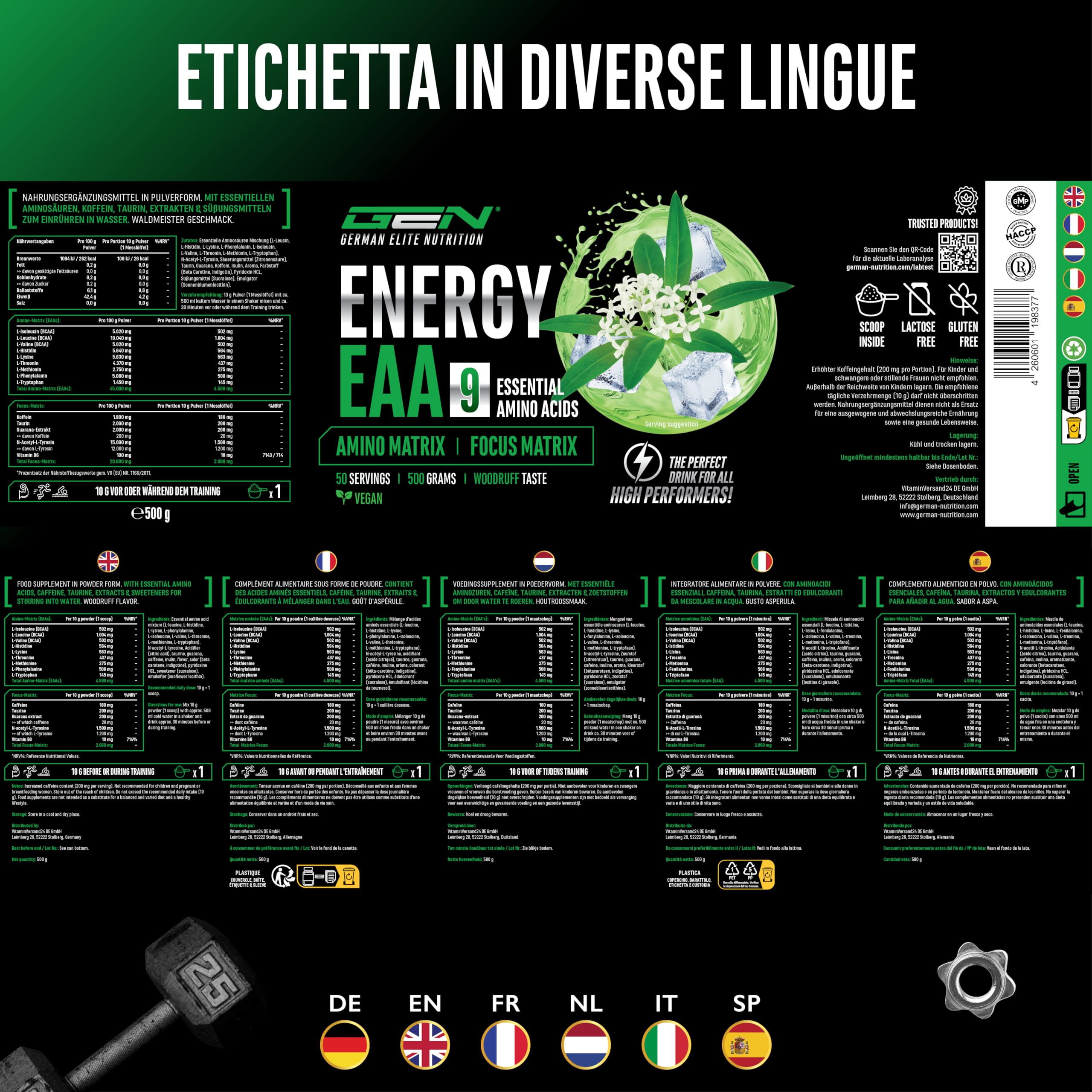 Elite Pre-Workout & Pump EAA Energy Mix bevanda in polvere 500 g Asperula