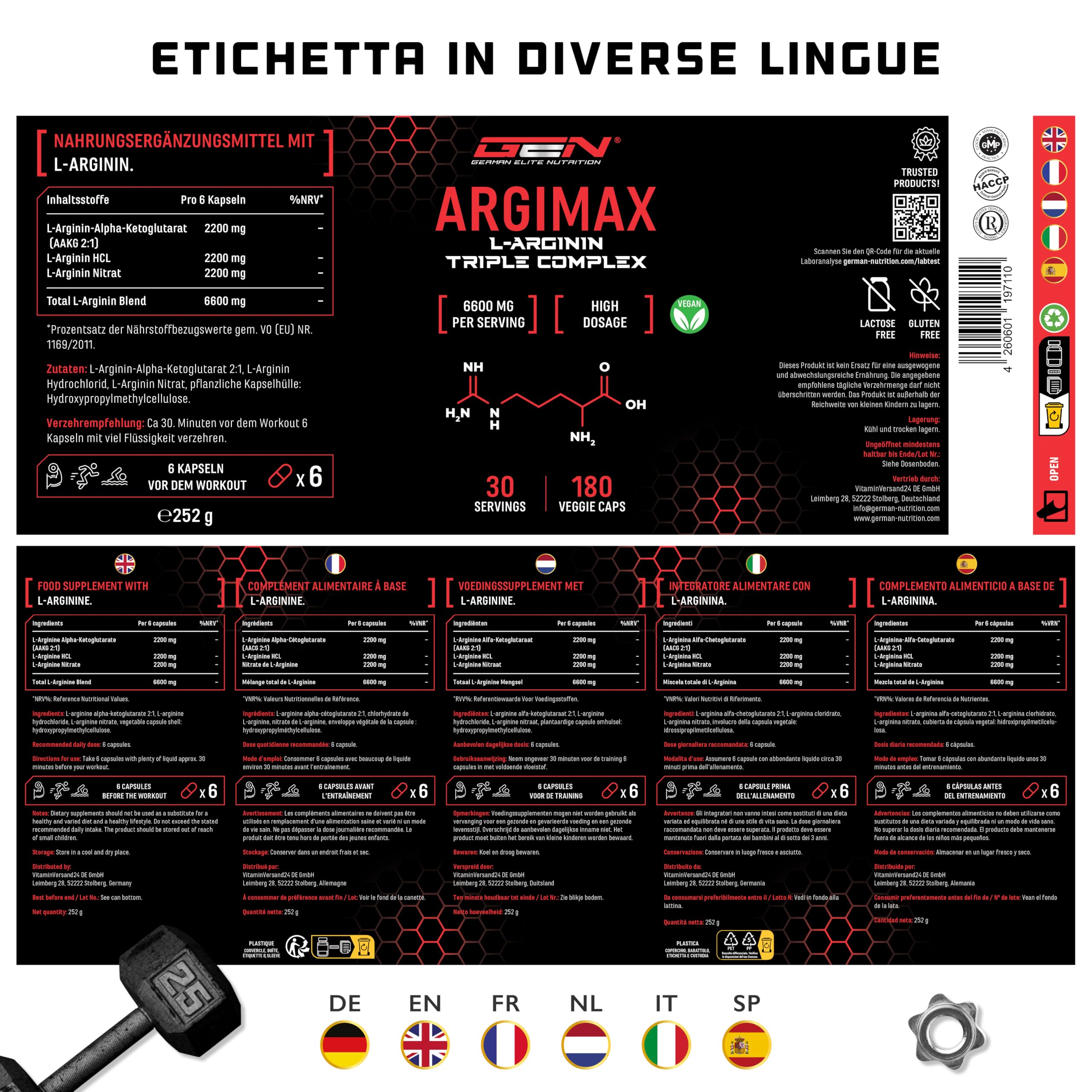Elite Amino Singles ARGIMAX capsule 180 vegan, complesso di L-arginina