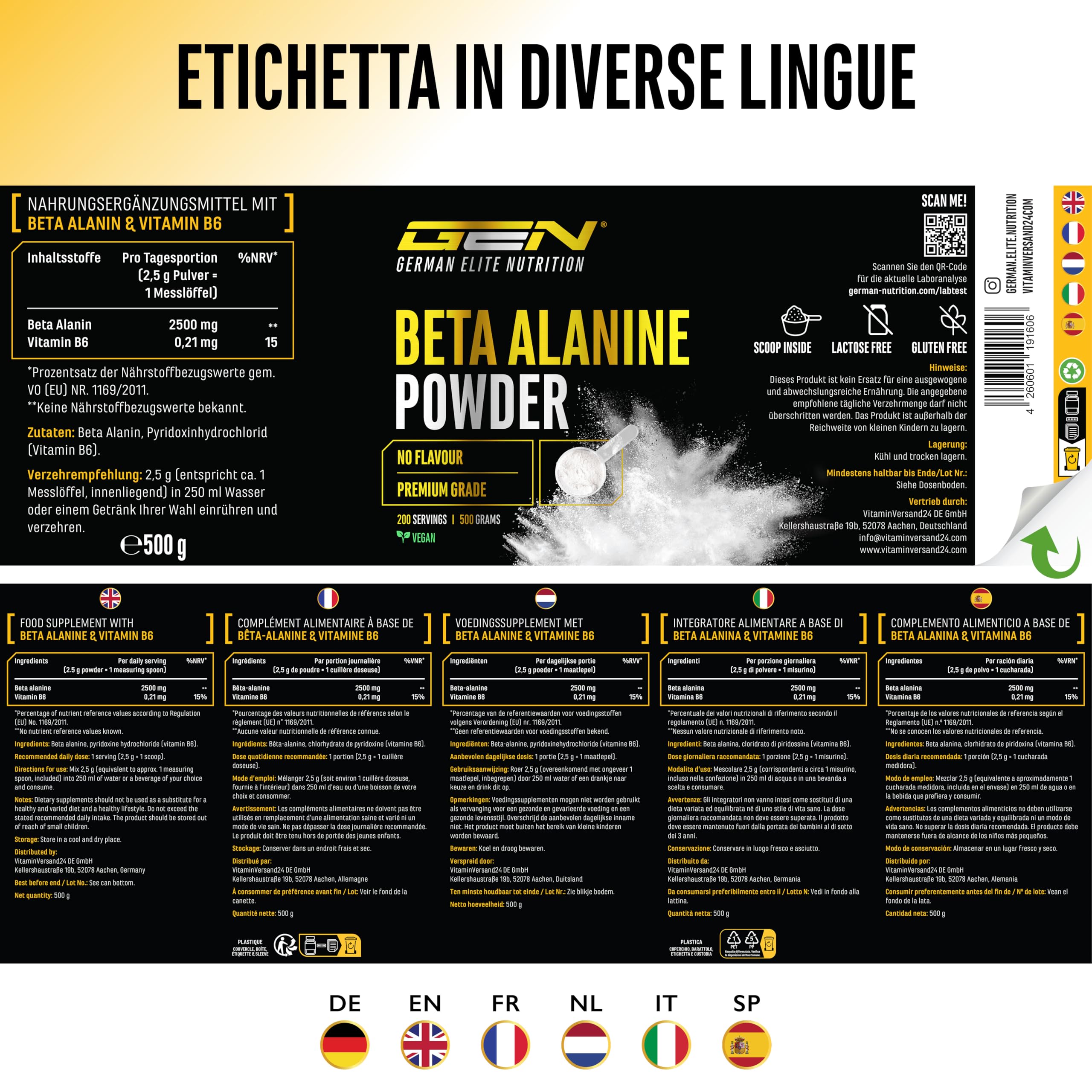 Elite Amino Singles Beta Alanina polvere 500 g purezza oltre 99%