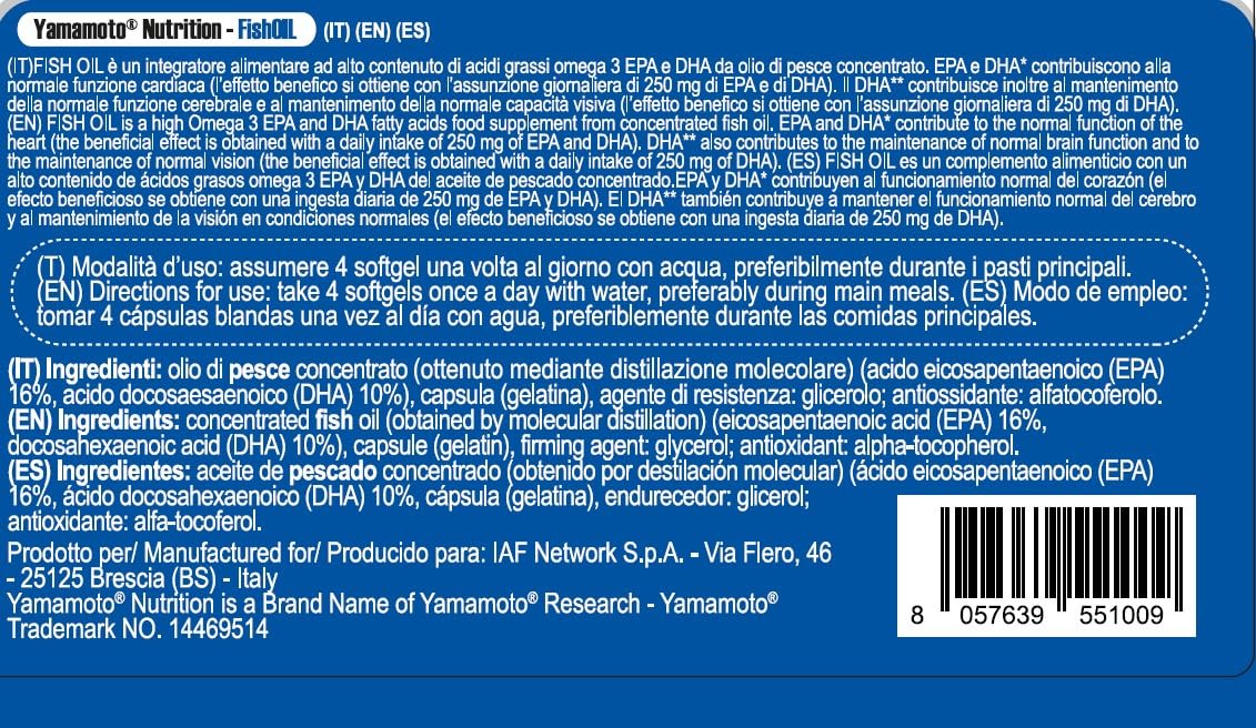YAMAMOTO Omega-3 e Cuore e Circolazione Fish Oil Molecular Distillation integratore omega-3 200 softgel EPA DHA