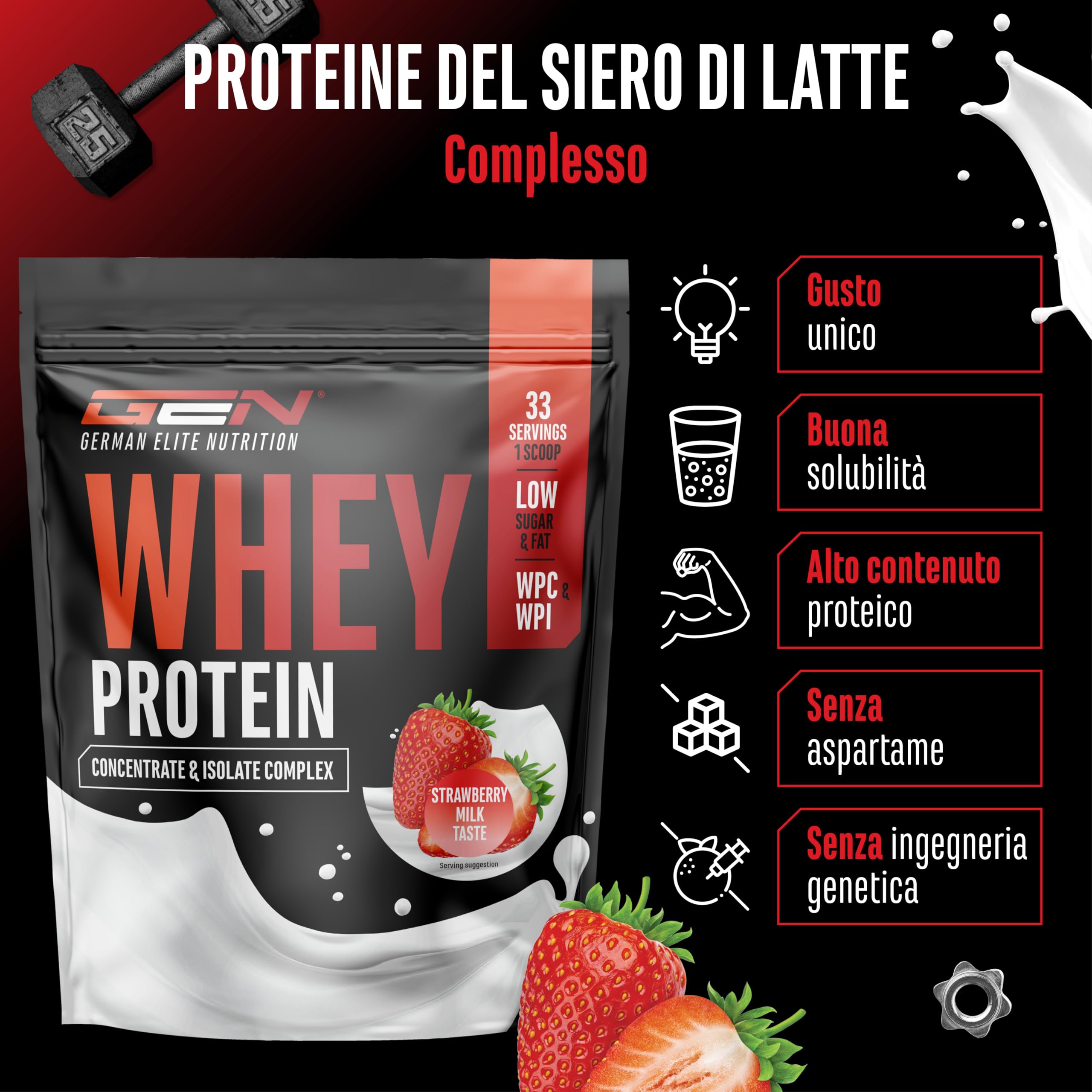 Elite Whey Protein Whey Proteine Complesso 1000 g Latte alla Fragola BCAA