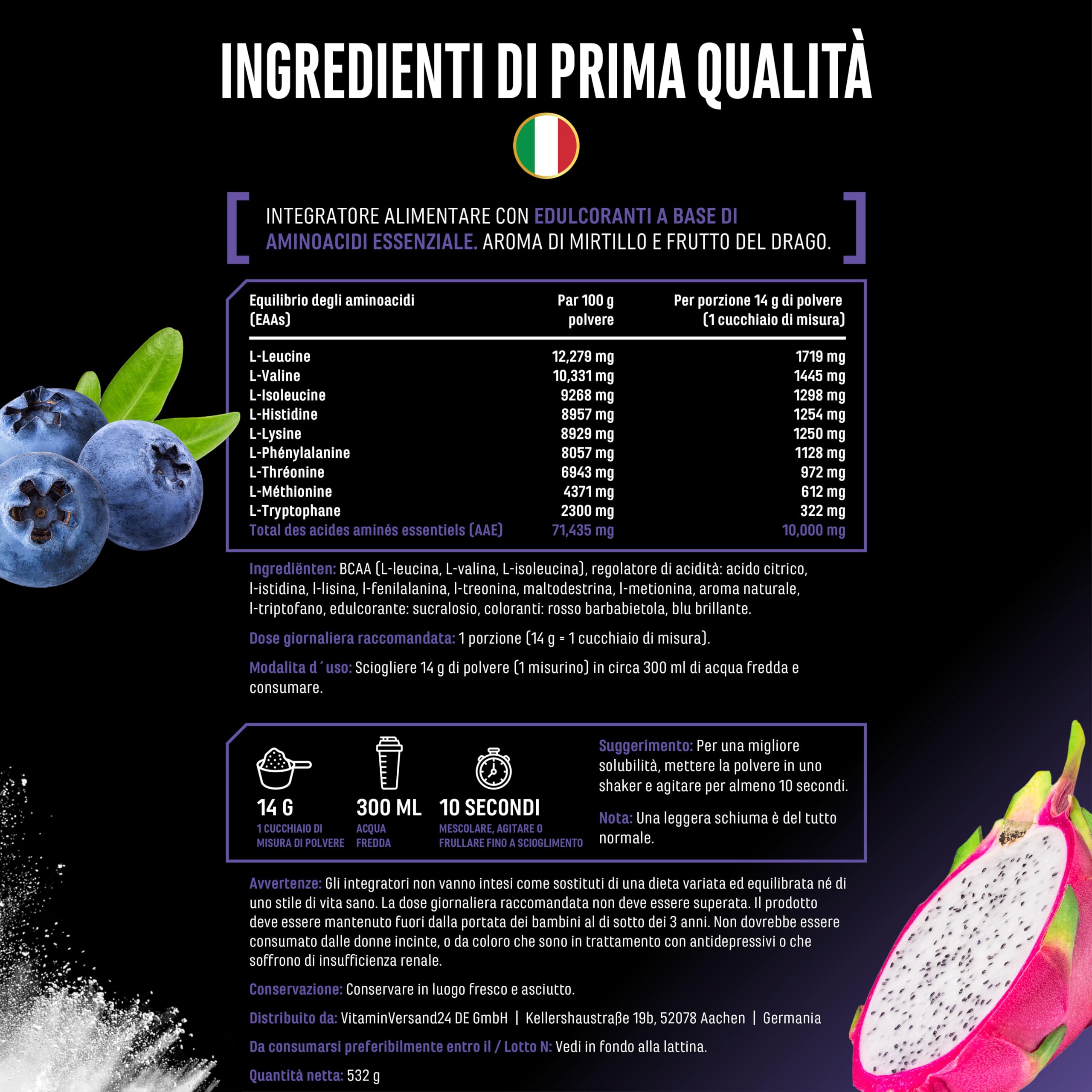 Elite EAA & BCAA EAA in Polvere aminoacidi essenziali vegani 532 g Blueberry Dragonfruit
