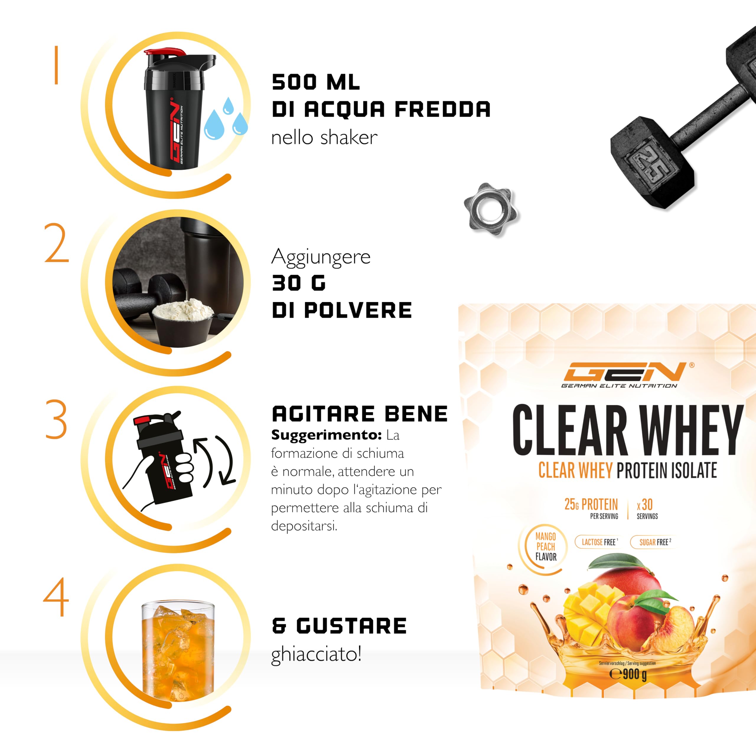 Elite Clear Whey Isolate Clear Whey Isolate Protein Shake proteine 900 g mango e pesca