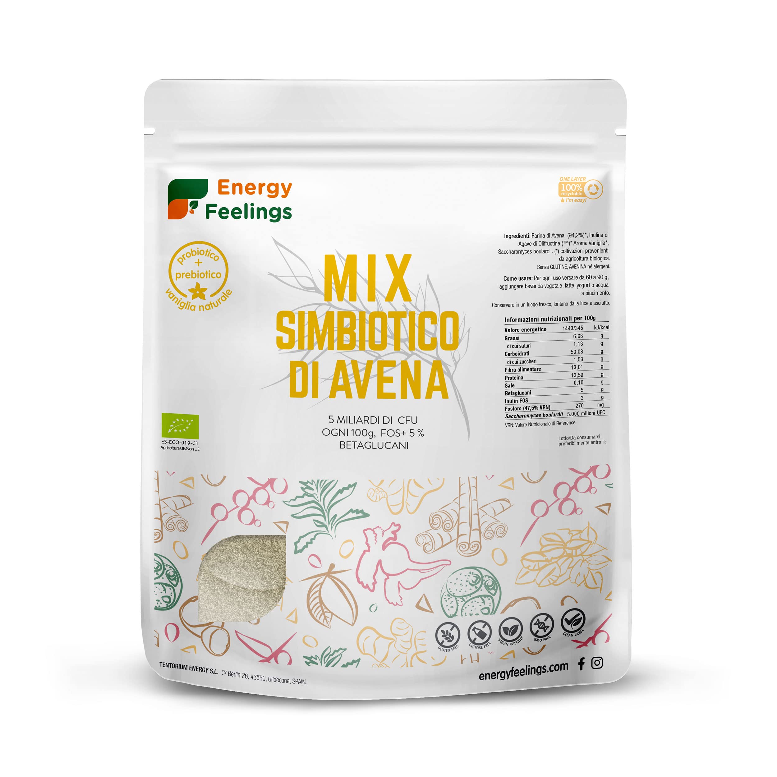 Energy Feelings Dietetica e integratori Mix Fibra Prebiotico + Probiotico farina d'avena vaniglia 1 kg senza glutine