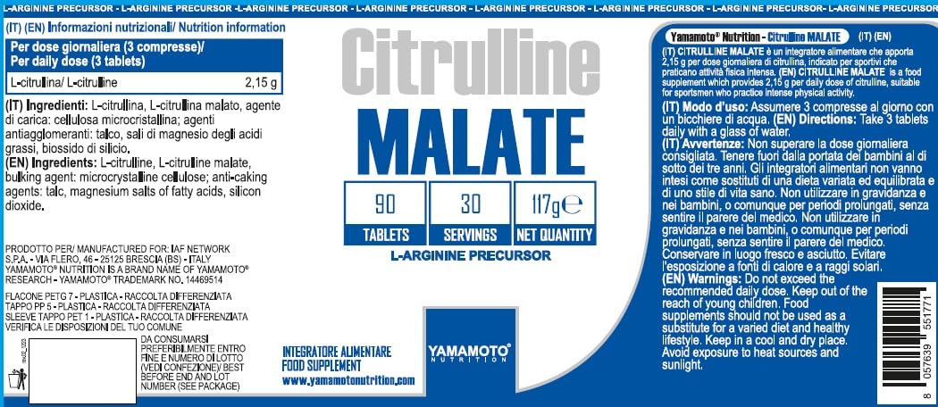 YAMAMOTO Aminoacidi e BCAAs Citrulline MALATE 90 compresse 1.000 mg