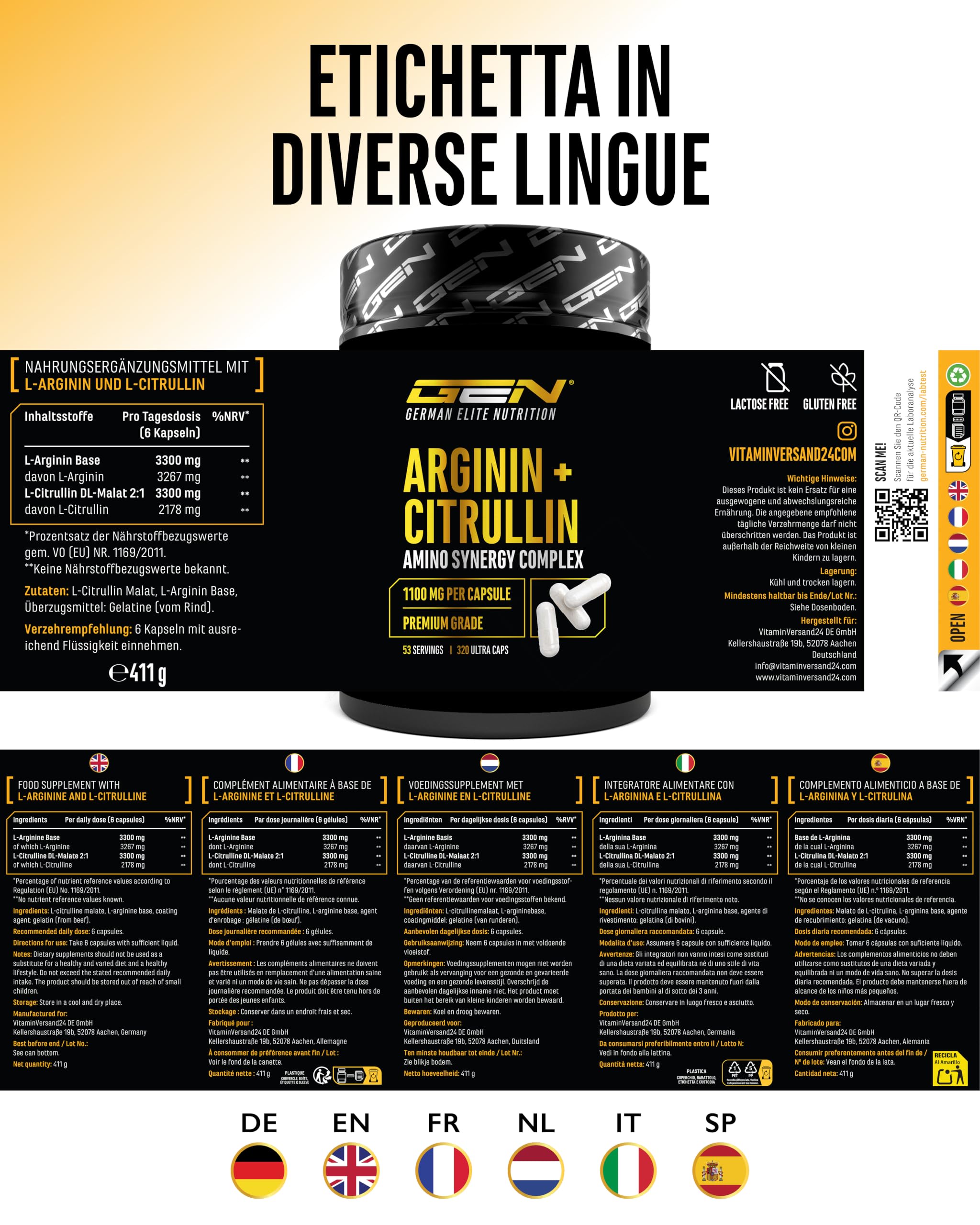 Elite Amino Singles L-Arginina + L-Citrullina capsule 320 pezzi