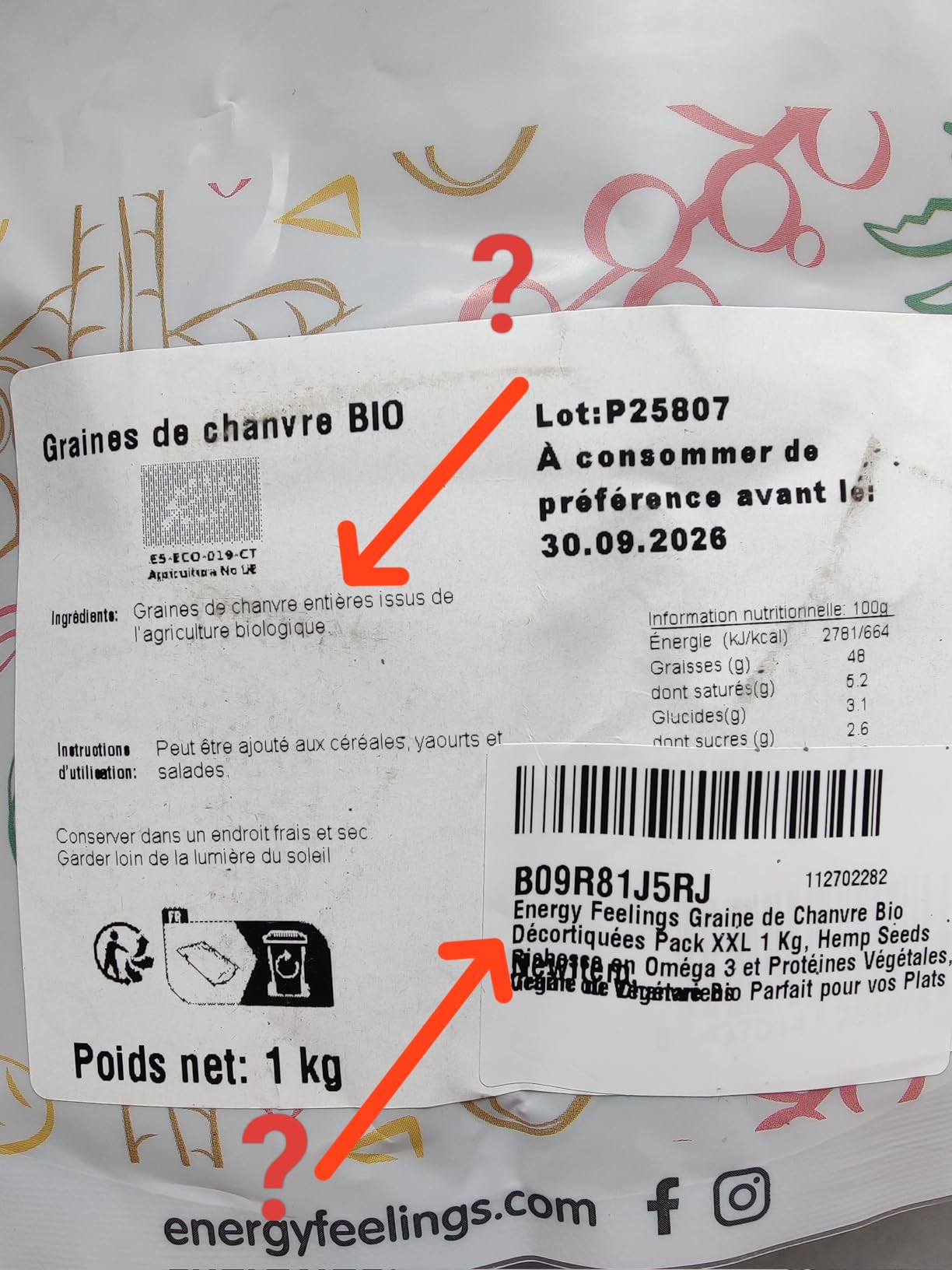 Energy Feelings Dietética & Suplementos Semi di Canapa Interi BIO Certificati 1 kg, 30% proteine
