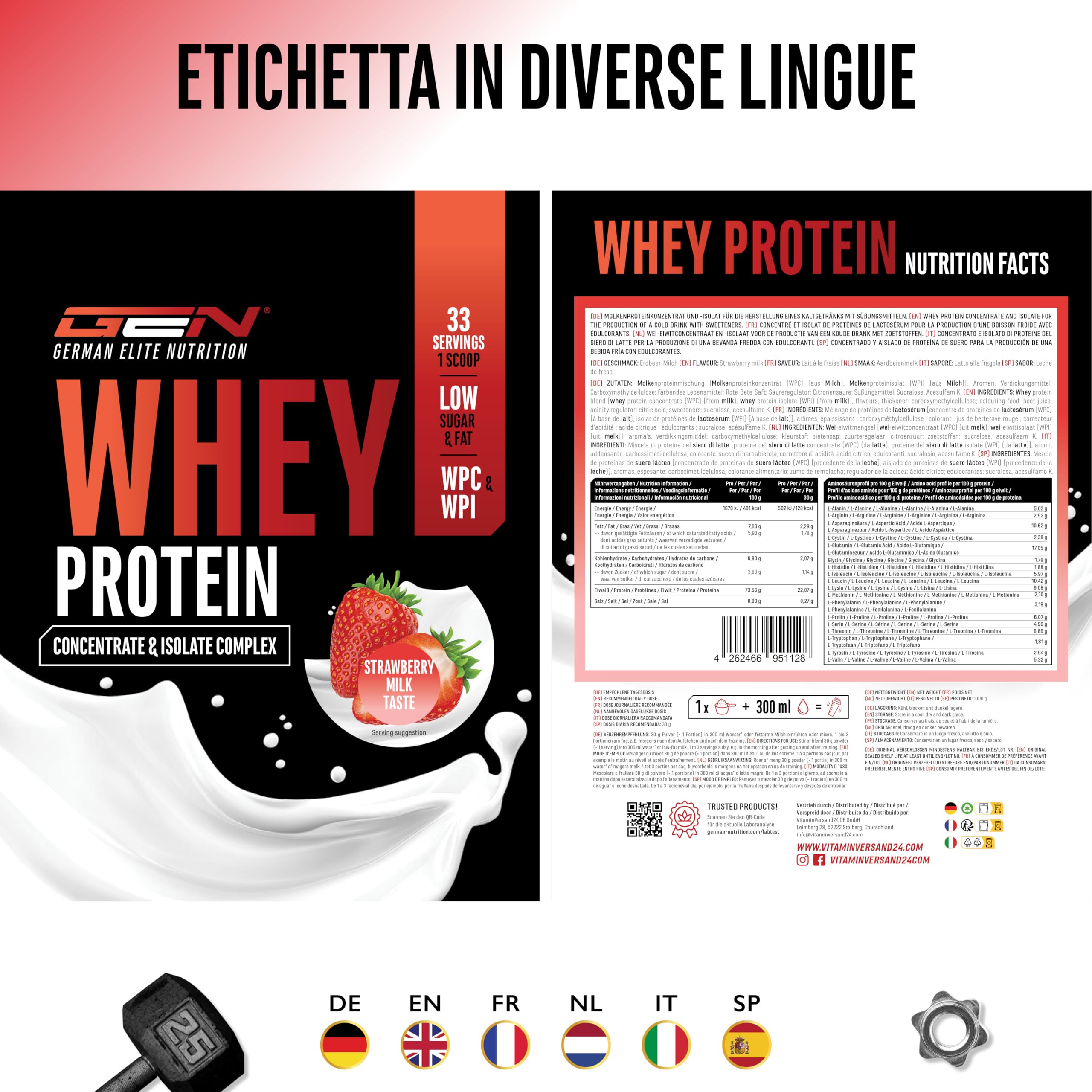 Elite Whey Protein Whey Proteine Complesso 1000 g Latte alla Fragola BCAA