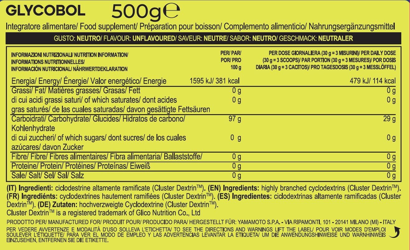 YAMAMOTO Carboidrati e Gel Energetici GlycoBol carboidrati non aromatizzati 500 g