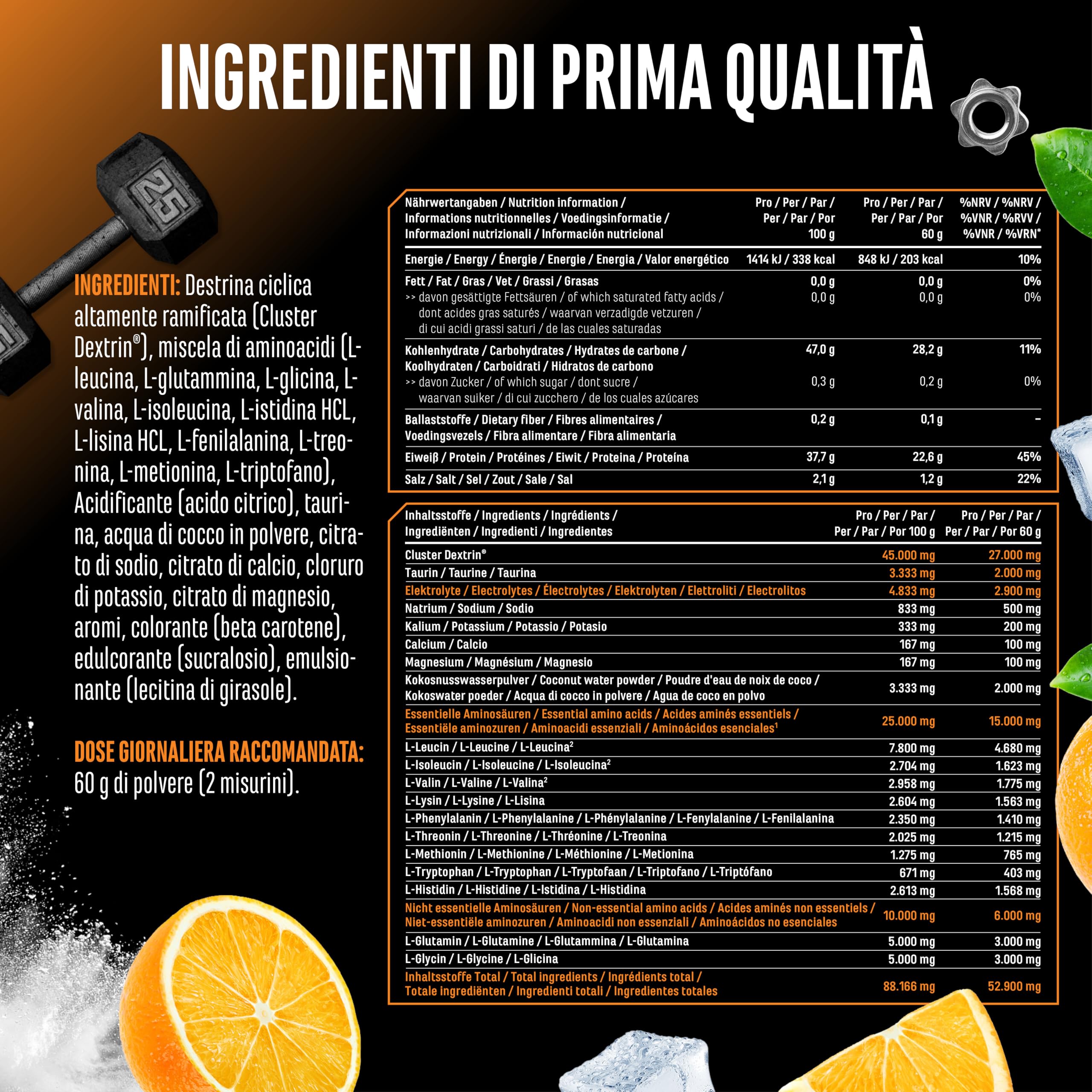 Elite Pre-Workout & Pump Intra Charge Workout Drink bevanda 1,2 kg arancia vegana