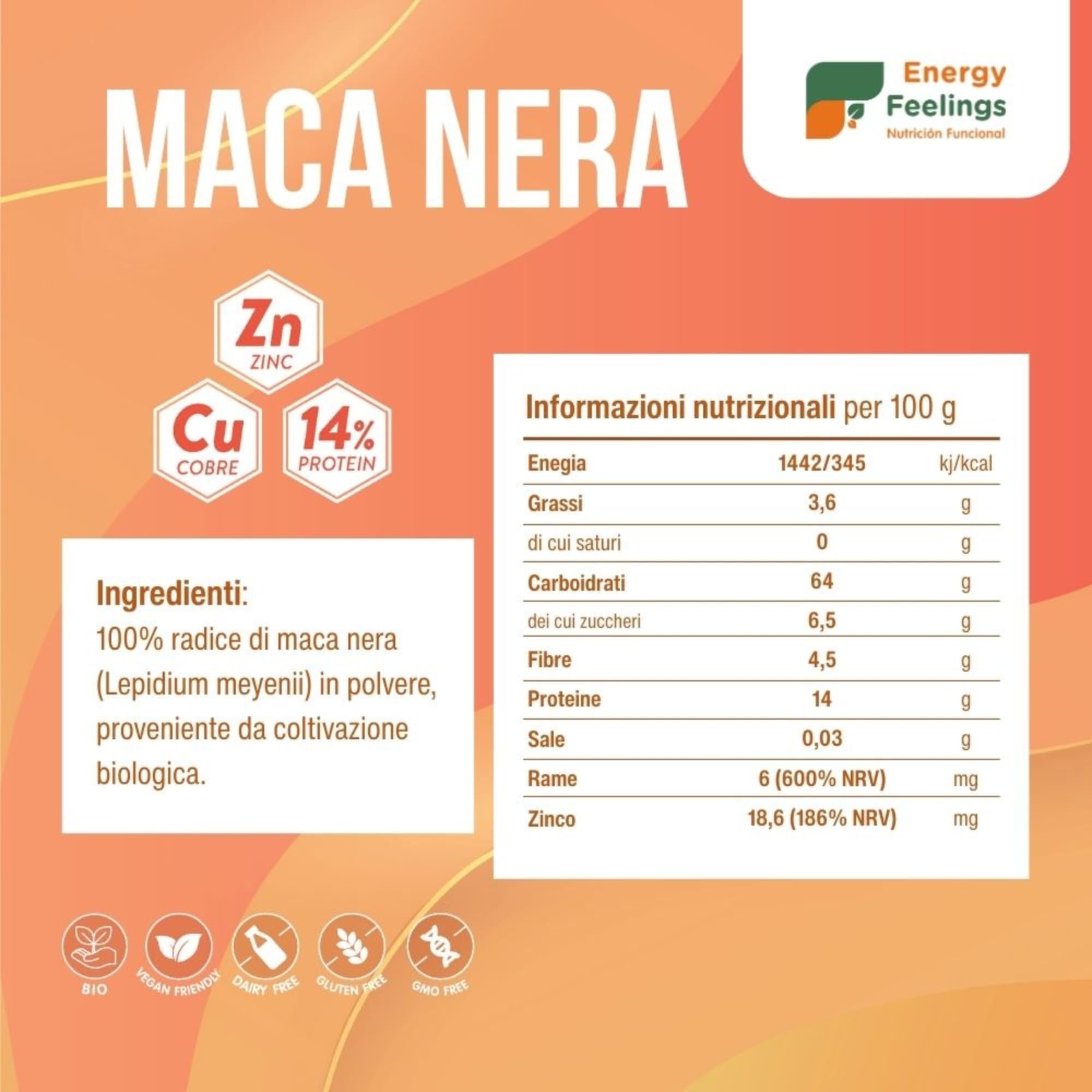 Energy Feelings Dietética & Suplementos Maca Nera in polvere Bio 500 g