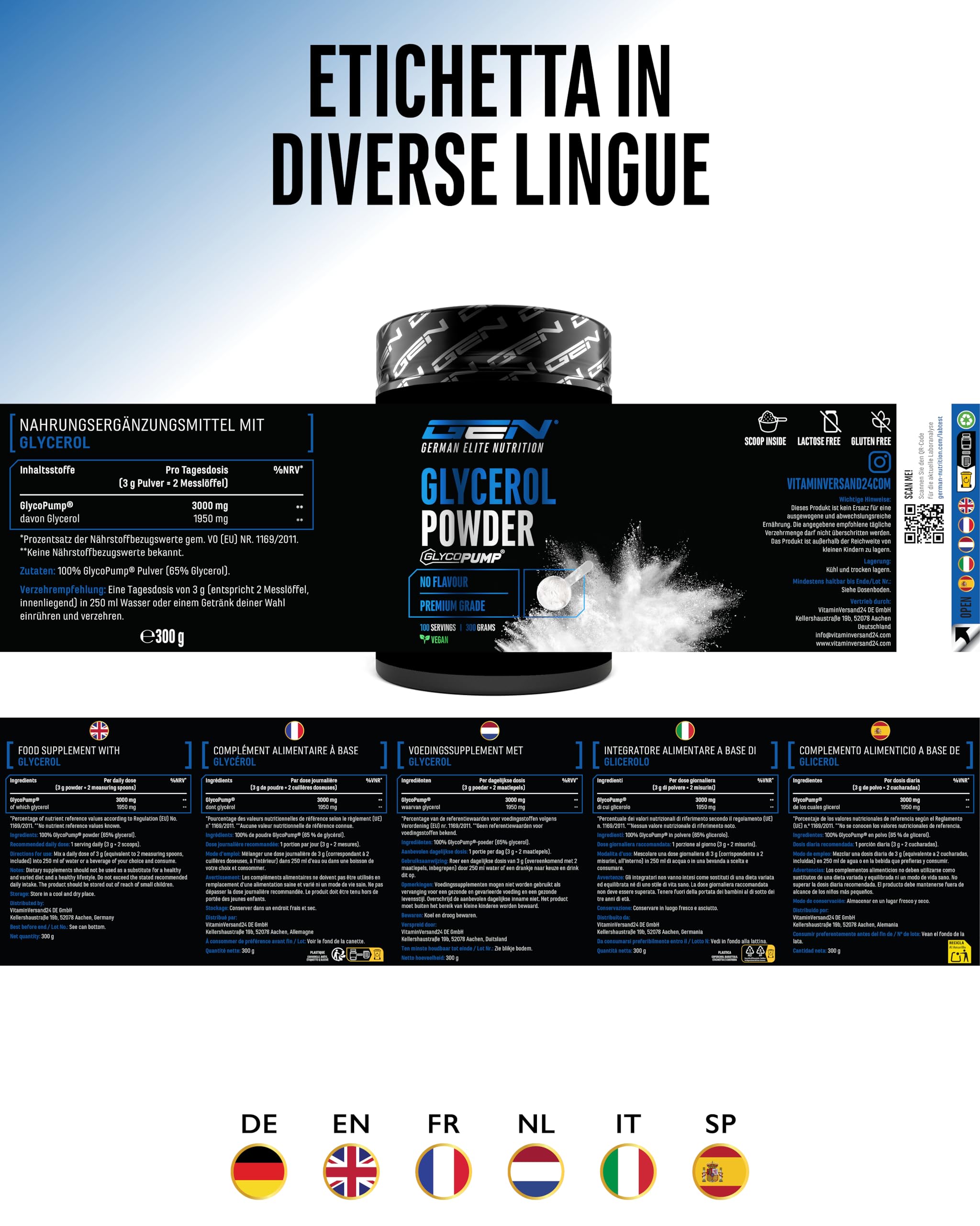 Elite Pre-Workout & Pump GlycoPump® glicerolo in polvere 300 g, 65% glicerina