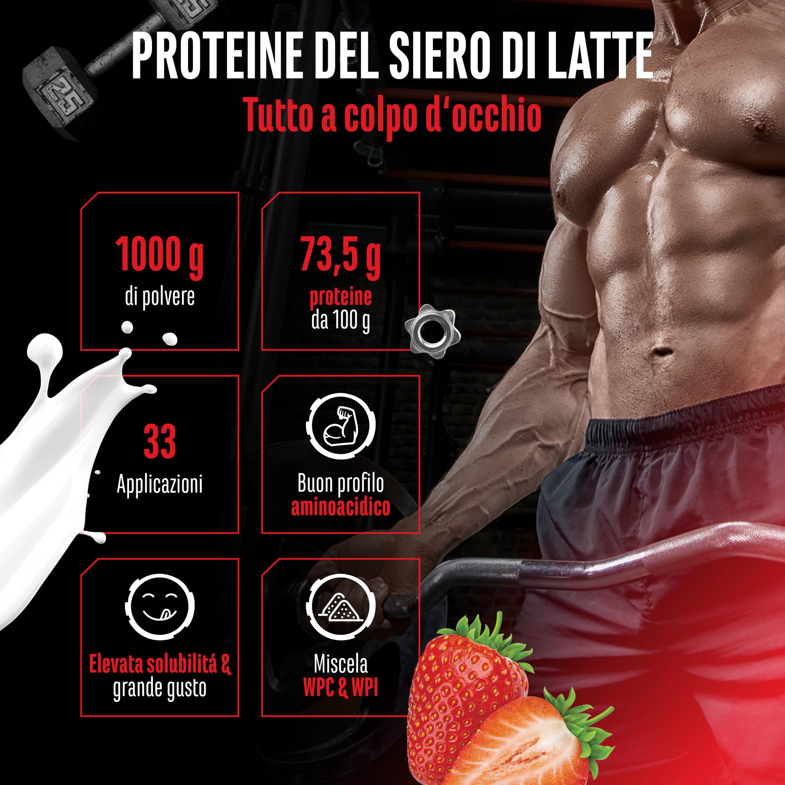Elite Whey Protein Whey Proteine Complesso 1000 g Latte alla Fragola BCAA