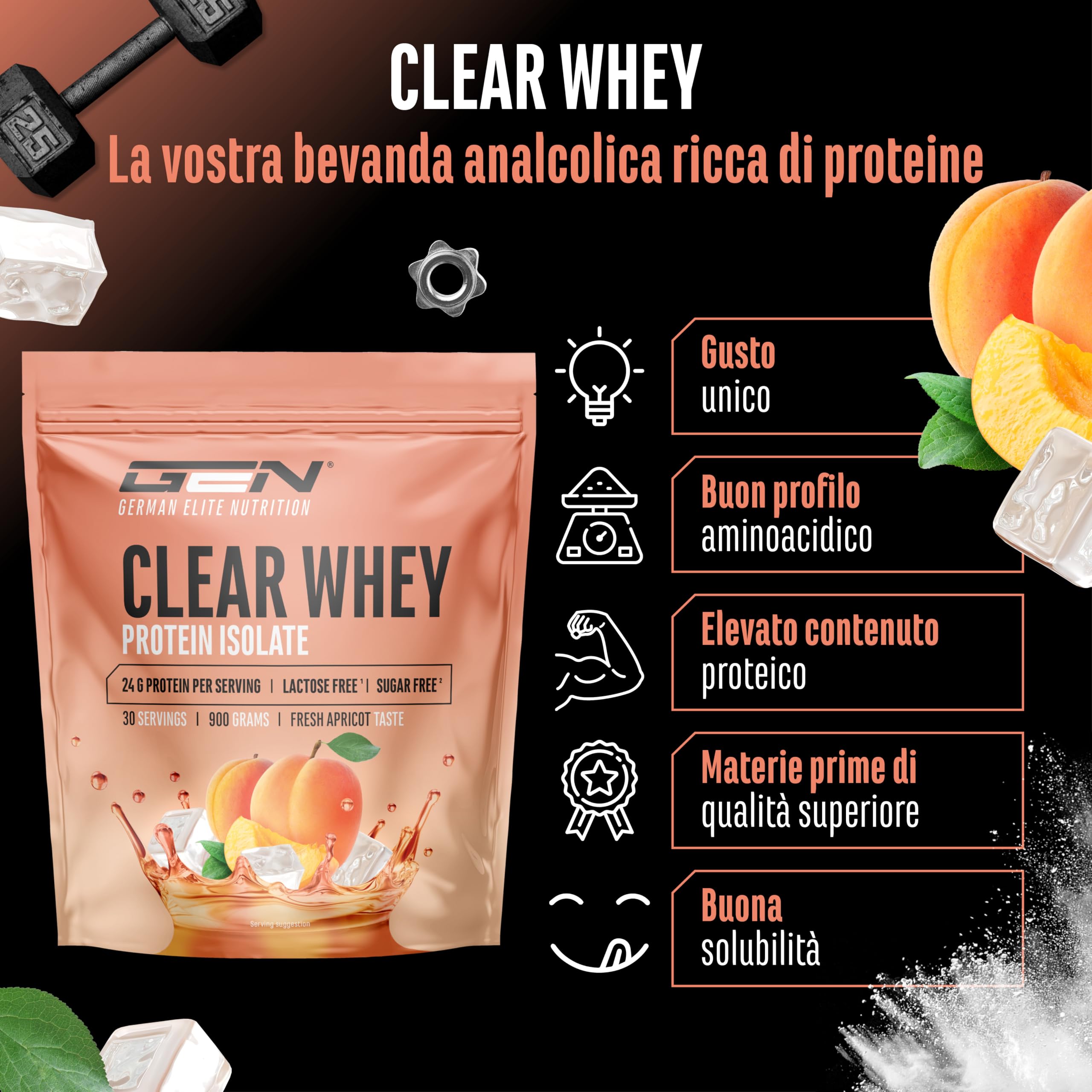 Elite Clear Whey Isolate Protein Shake proteine albicocca 900 g, 24 g per porzione