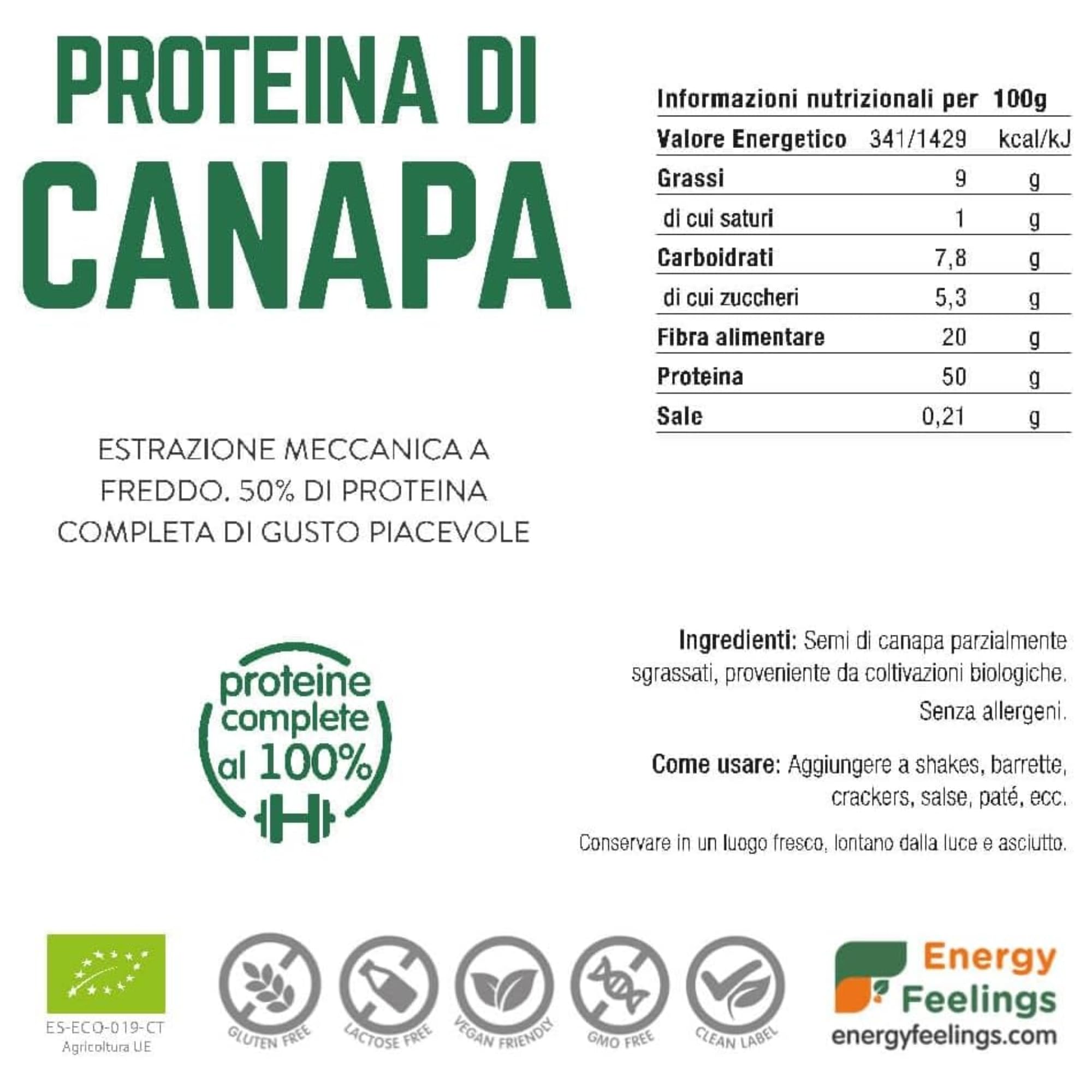 Energy Feelings Proteine vegane e nutrizione sportiva Proteine di Canapa in Polvere BIO 500 g 48% proteine