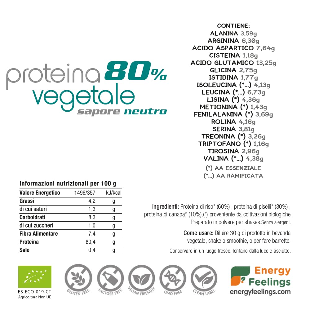 Energy Feelings Proteína Vegana & Nutrición Deportiva Proteine Vegane in Polvere BIO gusto neutro 1 kg 80% vegetali
