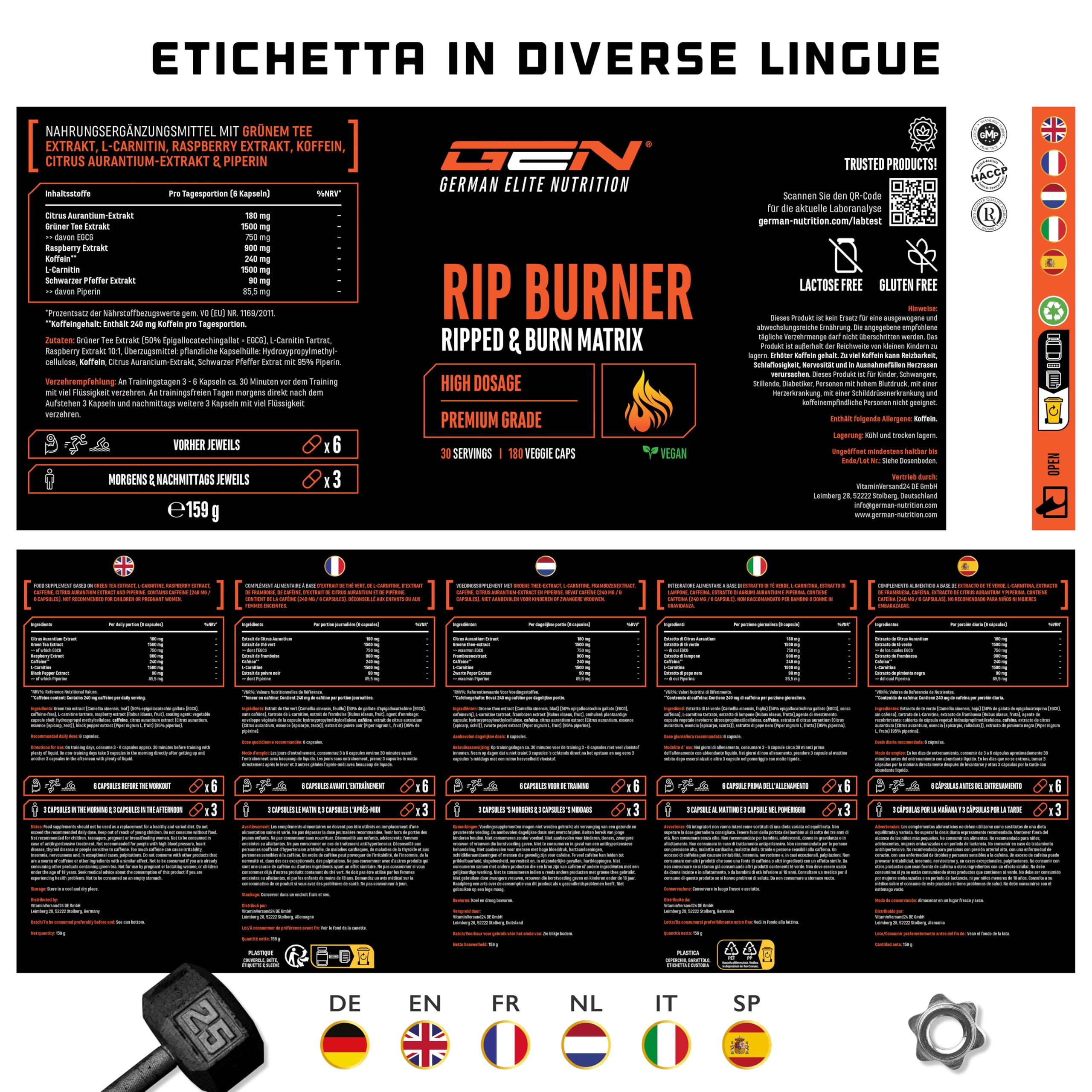 Elite Fat Burners & Cutting RIP capsule 180 con caffeina e L-carnitina vegane