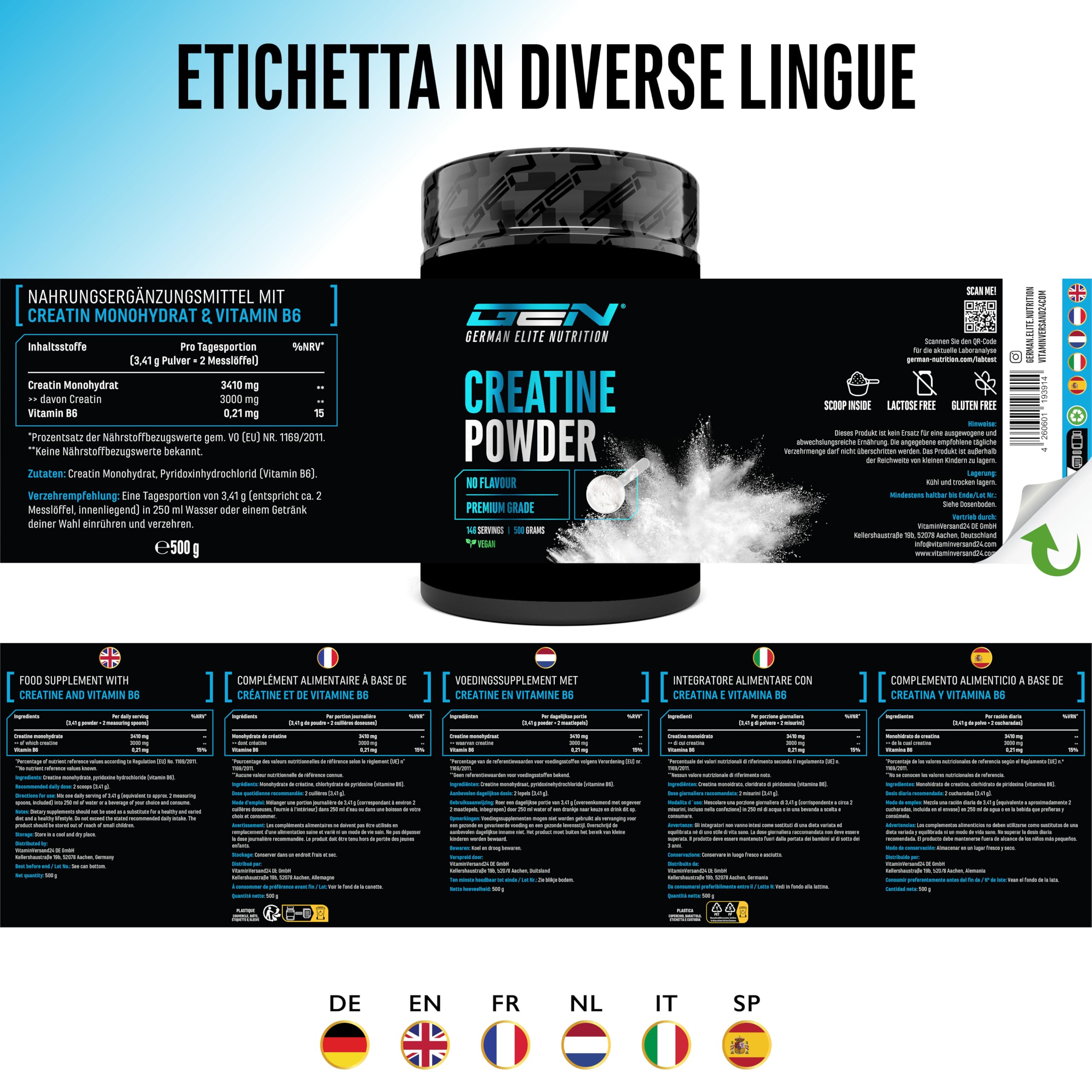 Elite Creatina Creatina Monoidrato polvere 500 g vegana