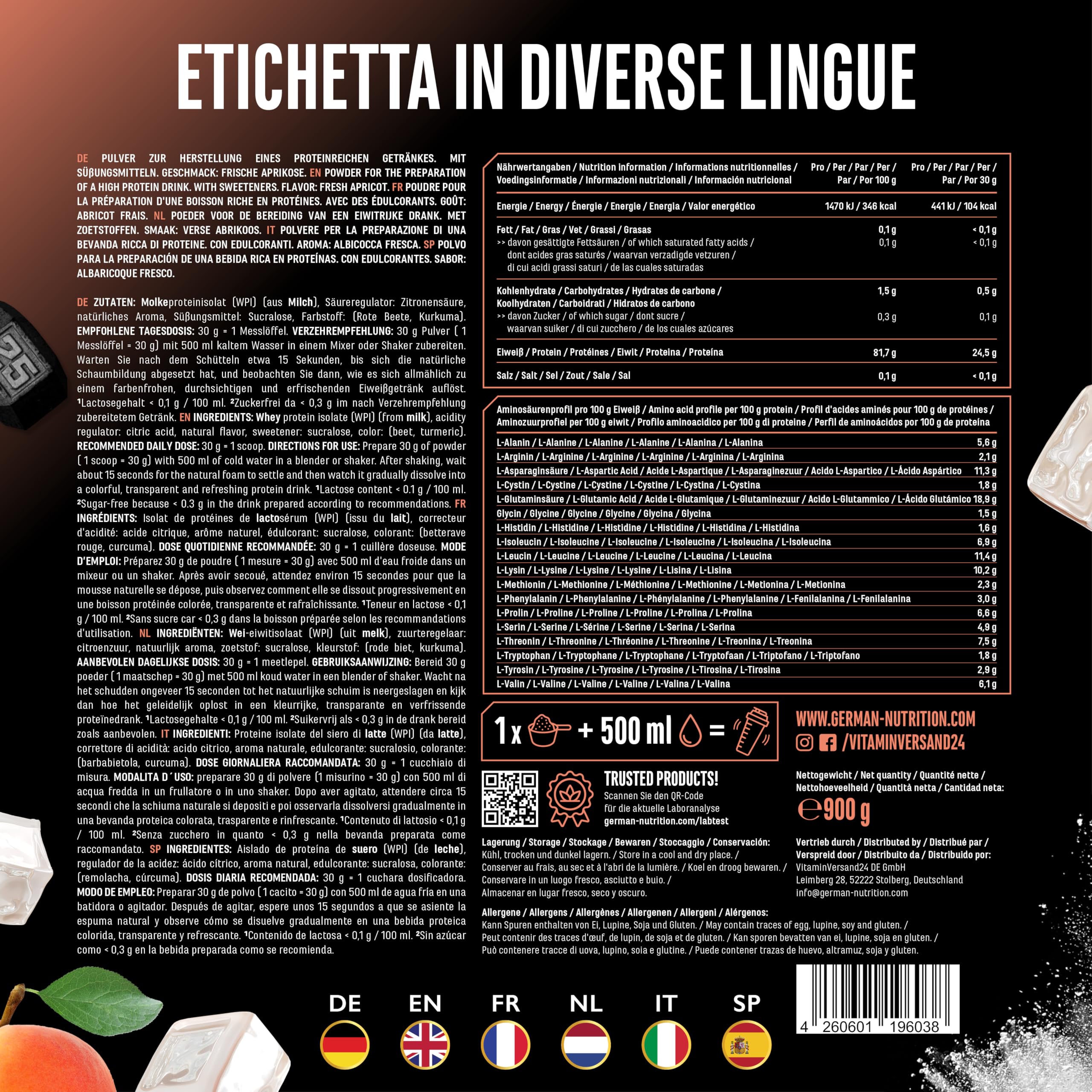 Elite Clear Whey Isolate Protein Shake proteine albicocca 900 g, 24 g per porzione