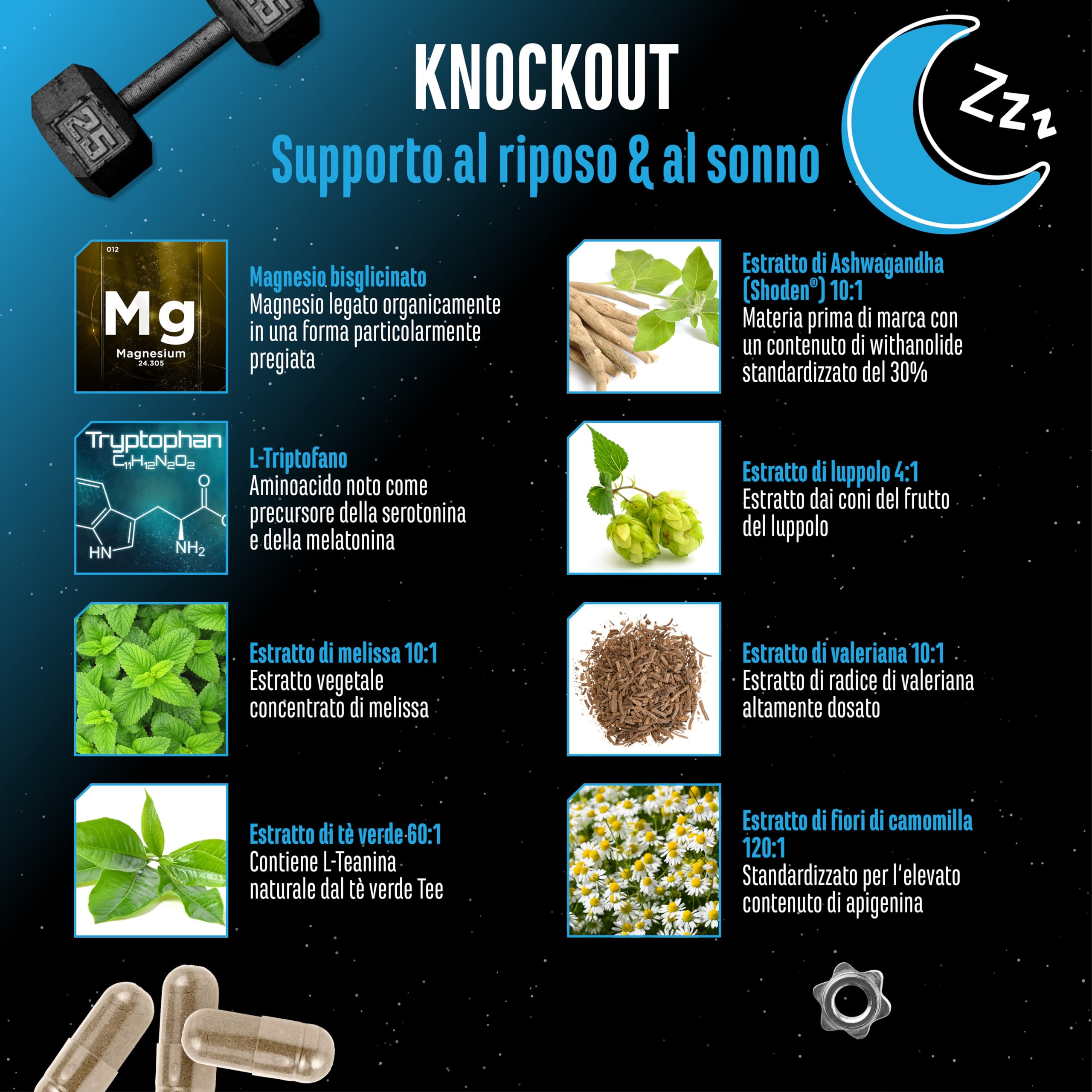 Elite Adaptogens, Sleep & Mind Knockout Sleep & Recover Support integratore per il sonno 120 capsule vegane 3000 mg
