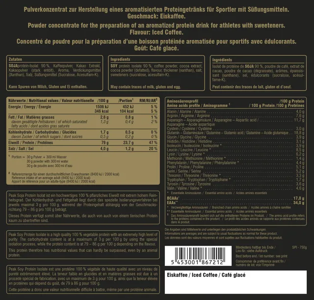 Green Peak Proteins PEAK Soy Protein Isolate proteine 750 g Caffè vegane