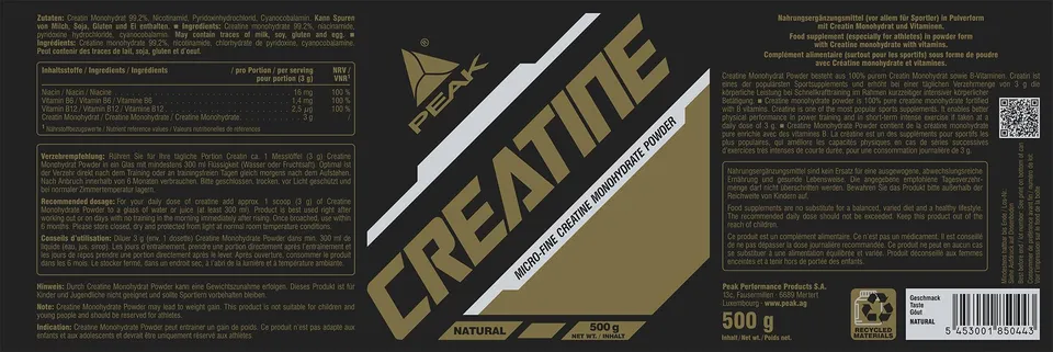 Green Peak Creatine PEAK Creatina Monoidrato polvere 500 g senza aroma
