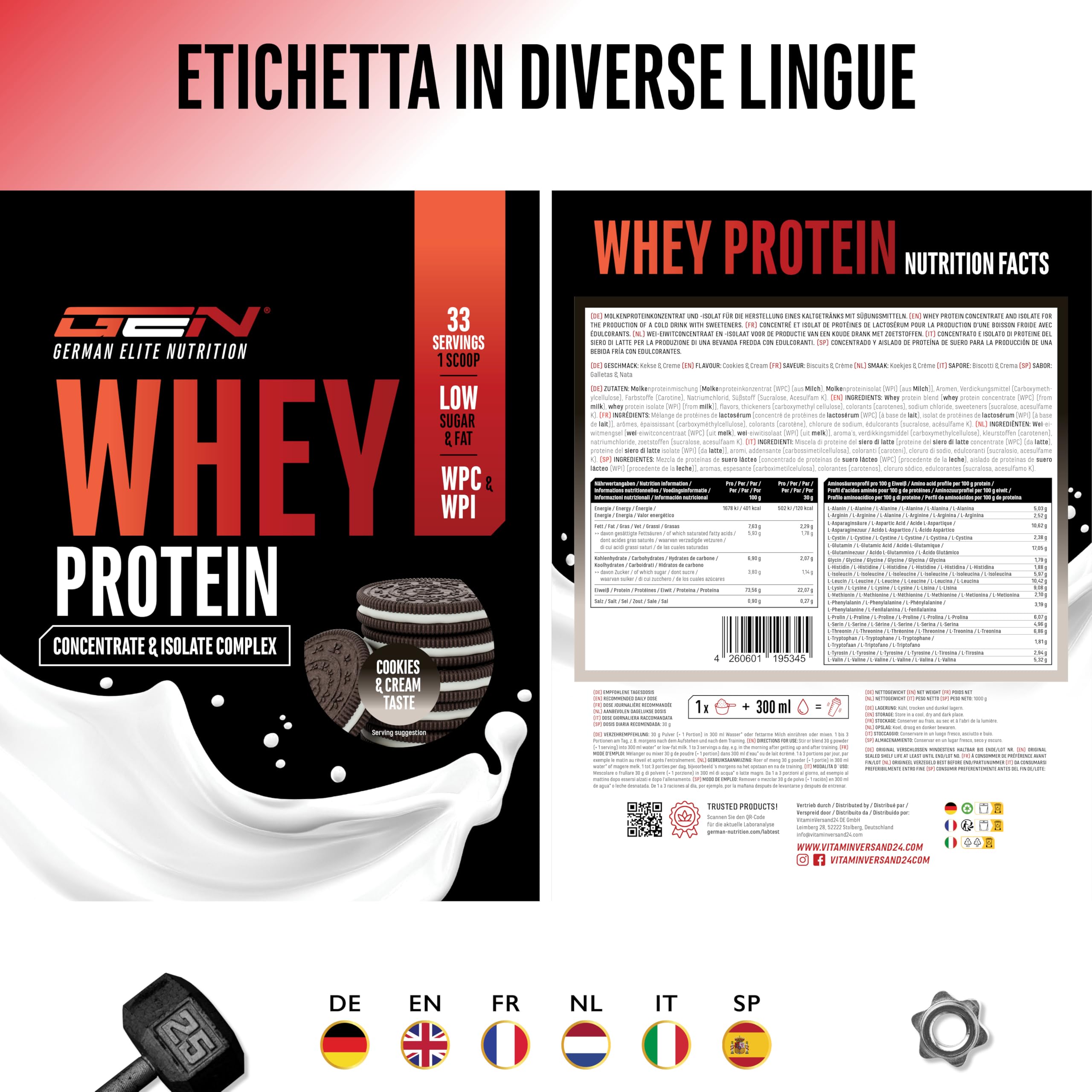 Elite Whey Protein Whey Proteine Complesso proteine in polvere Biscotti e Crema 1000 g con isolato