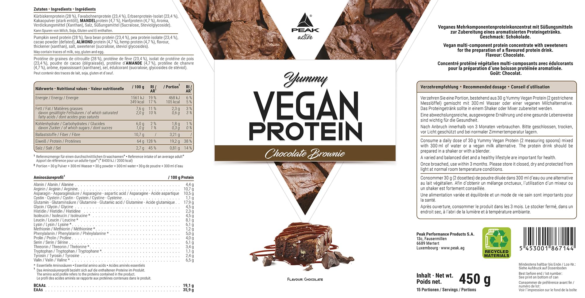 Green Peak Proteins PEAK Yummy Vegan Protein 450 g Brownie al Cioccolato senza glutine