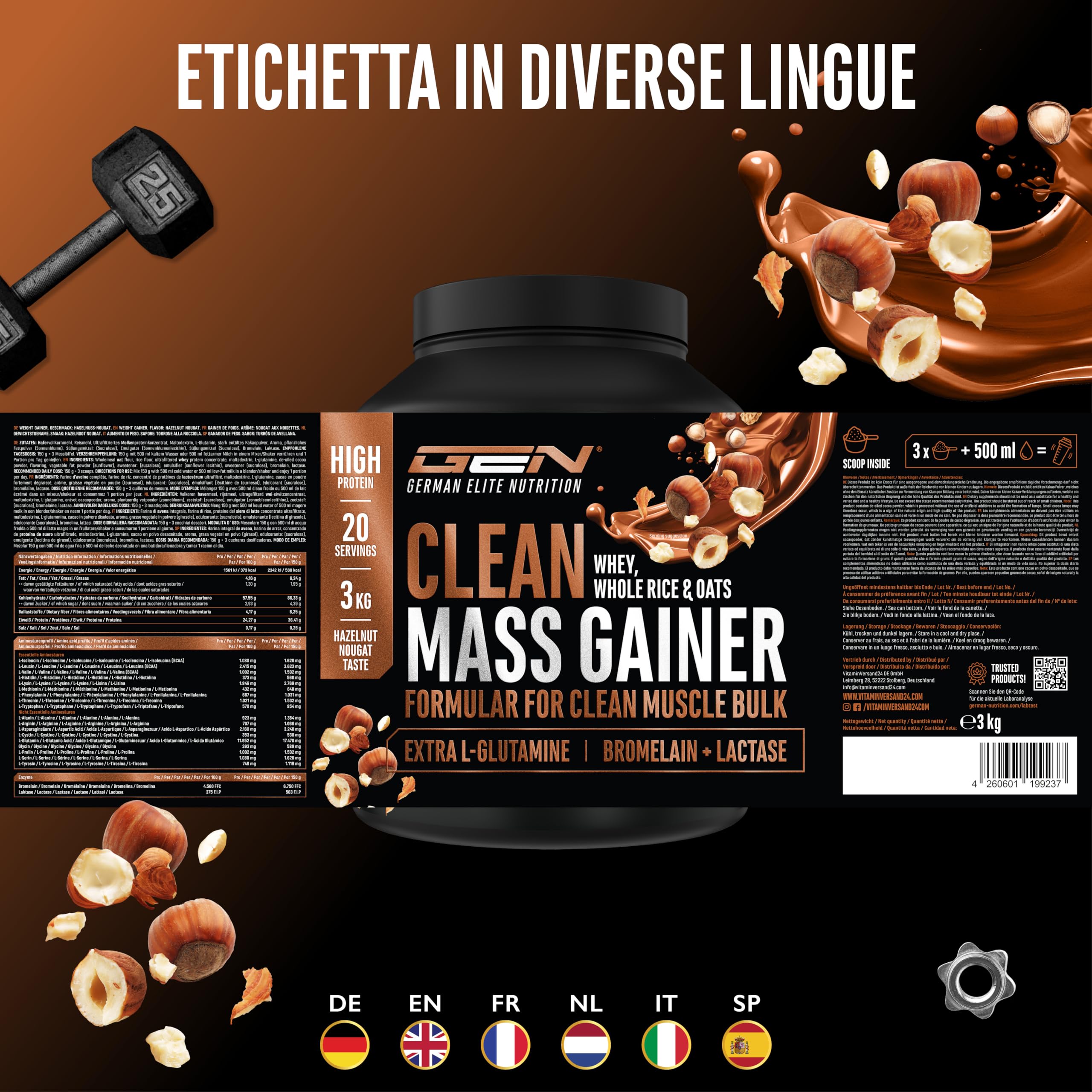 Elite Carbs & Mass Gainers Clean Weight Gainer gainer Torrone alla Nocciola 3 kg 36 g proteine