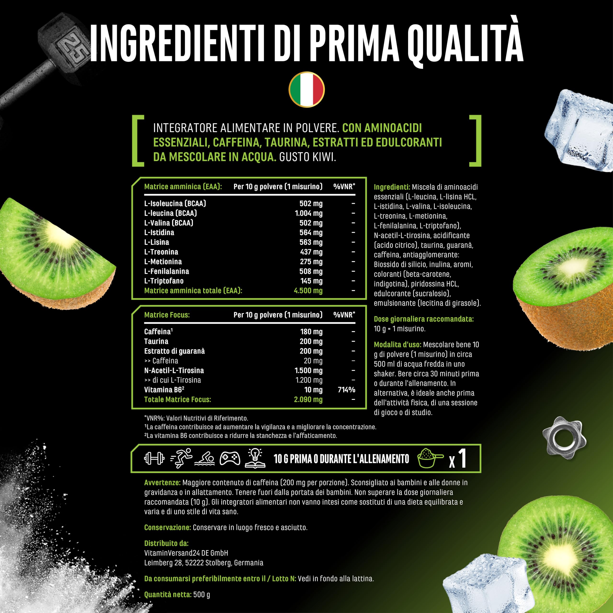 Elite Pre-Workout & Pump EAA Energy Mix pre-workout Kiwi 500 g senza zucchero