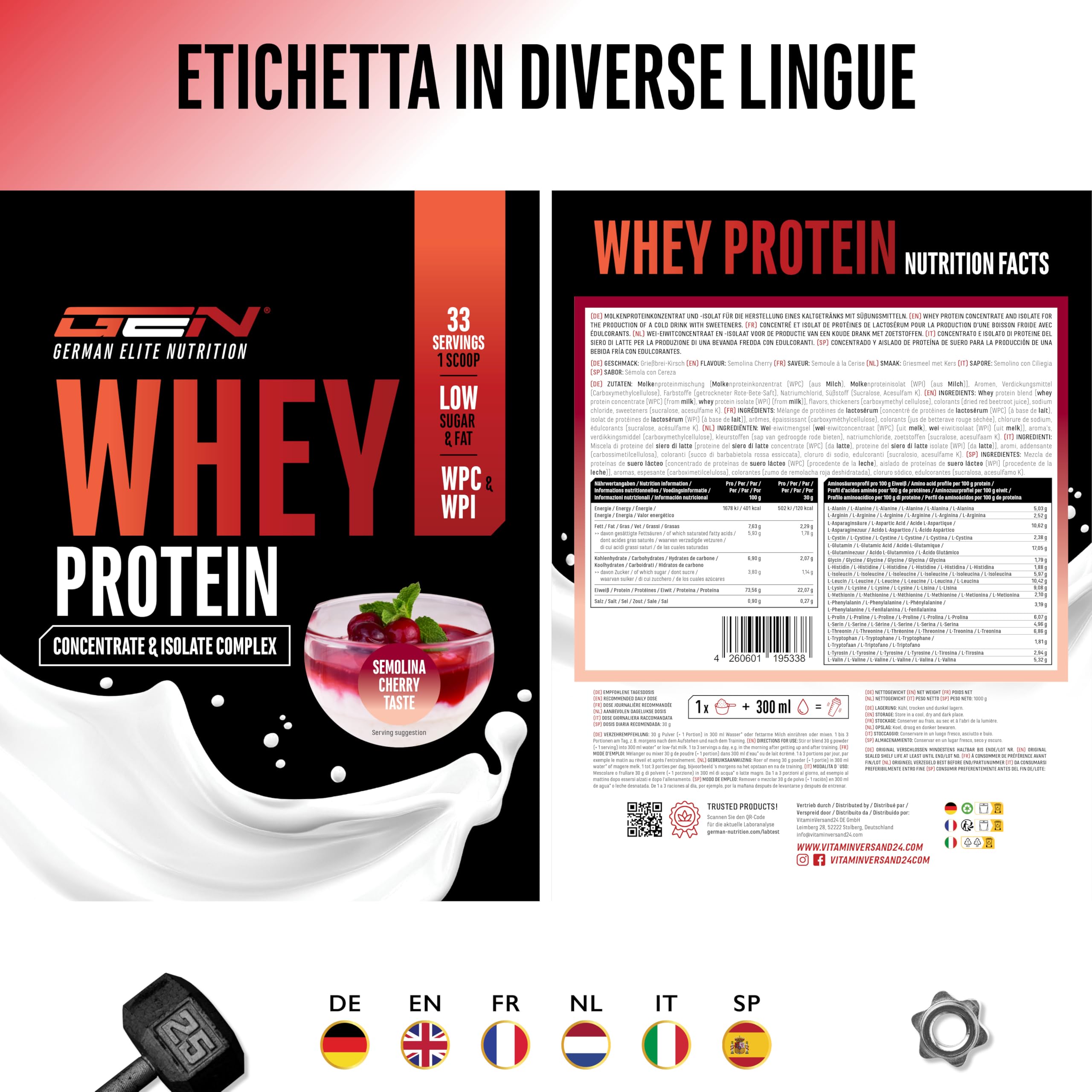 Elite Whey Protein Complex proteine in polvere 1 kg semolino di ciliegia con isolato