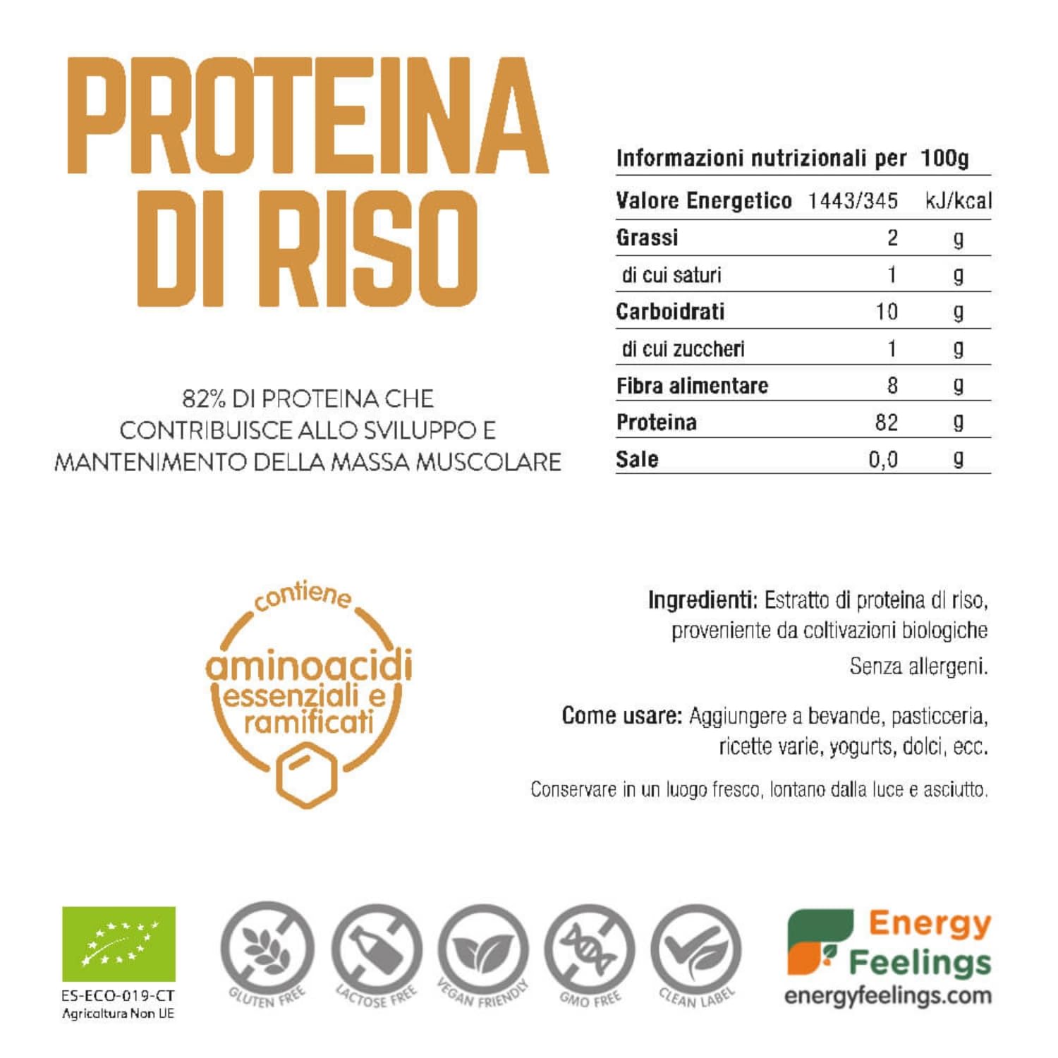Energy Feelings Proteine di Riso in Polvere BIO proteine vegane 82% senza sapore 1 kg
