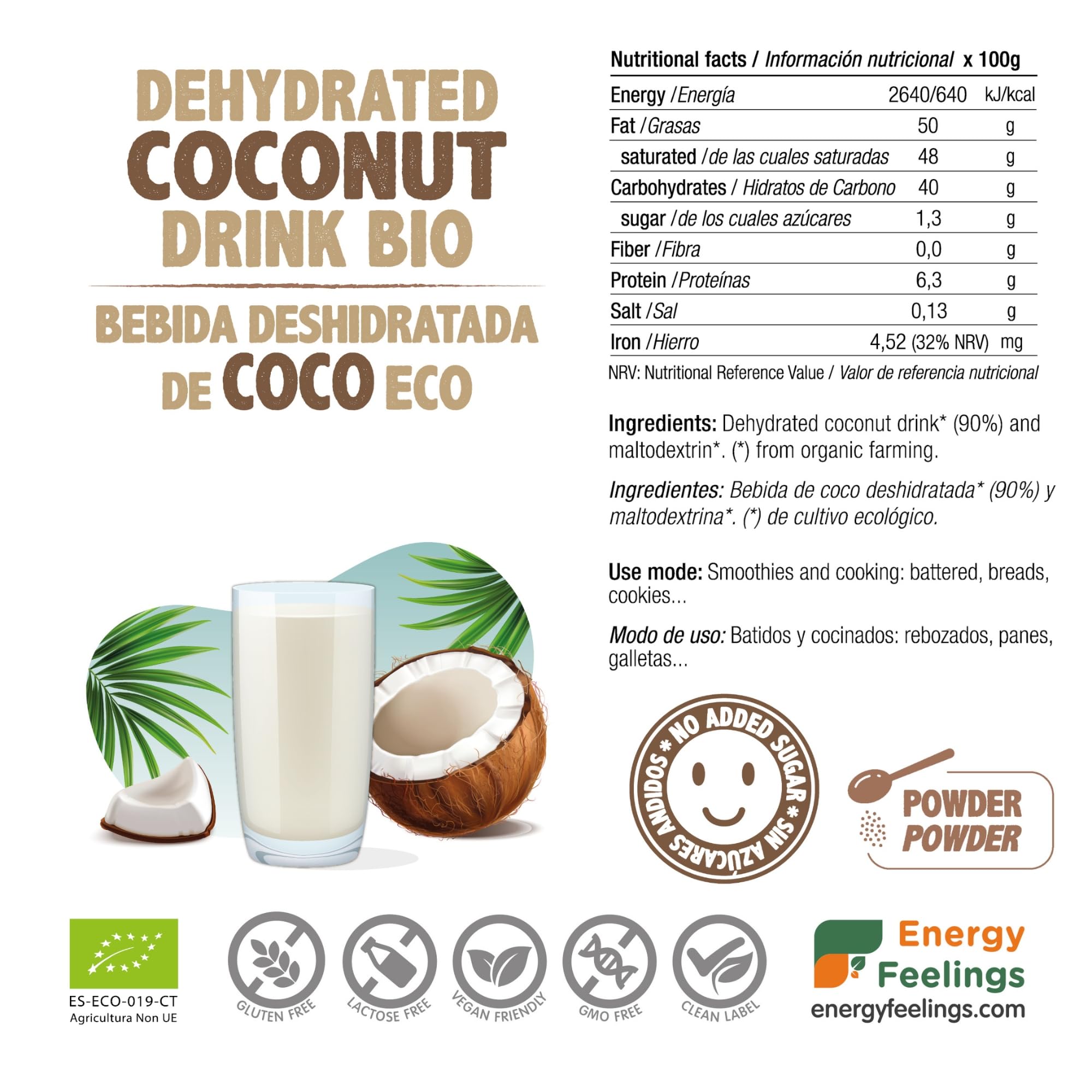 Energy Feelings Dietética & Suplementos Latte di Cocco in Polvere Bio 1 kg senza lattosio