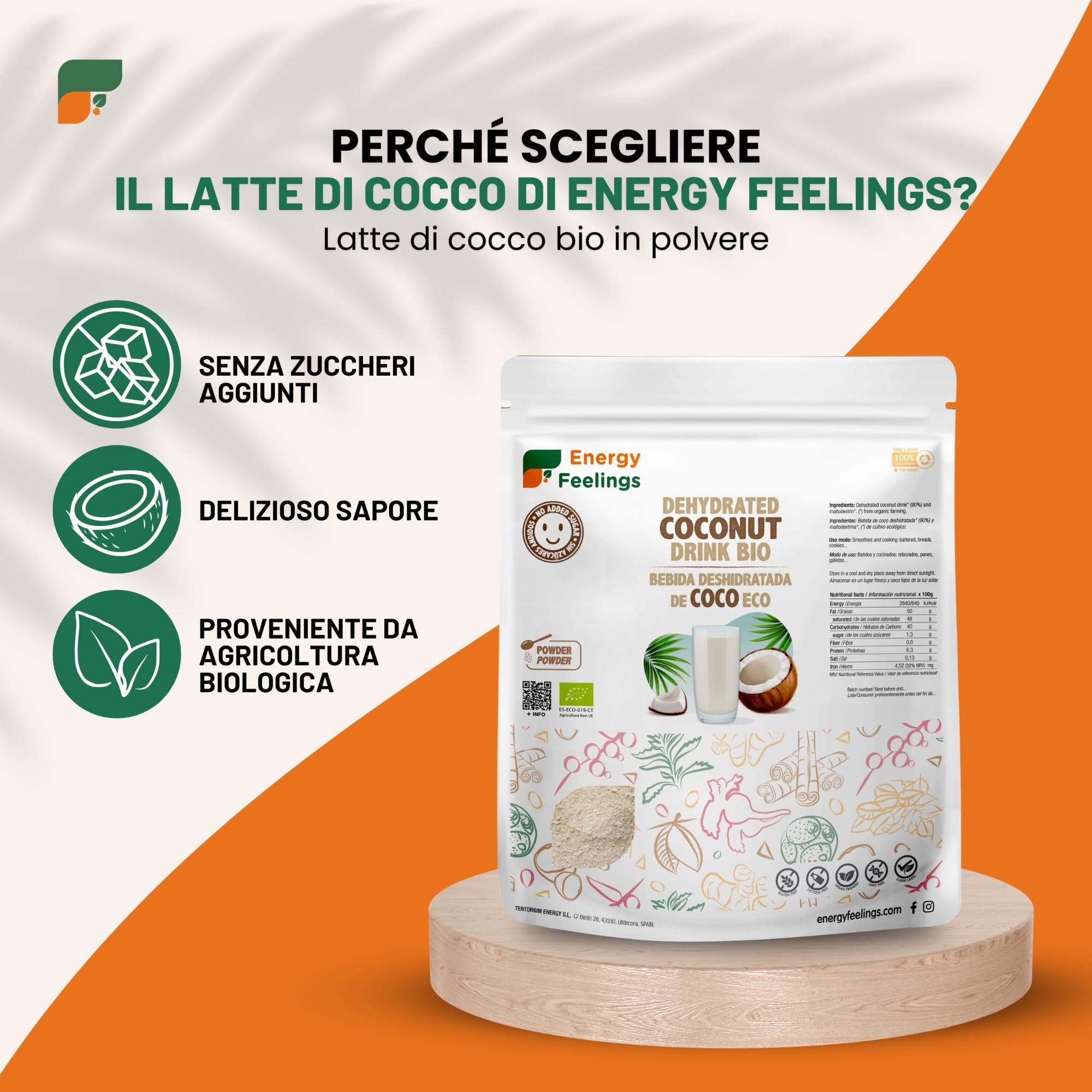Energy Feelings Dietética & Suplementos Latte di Cocco in Polvere Bio 1 kg senza lattosio