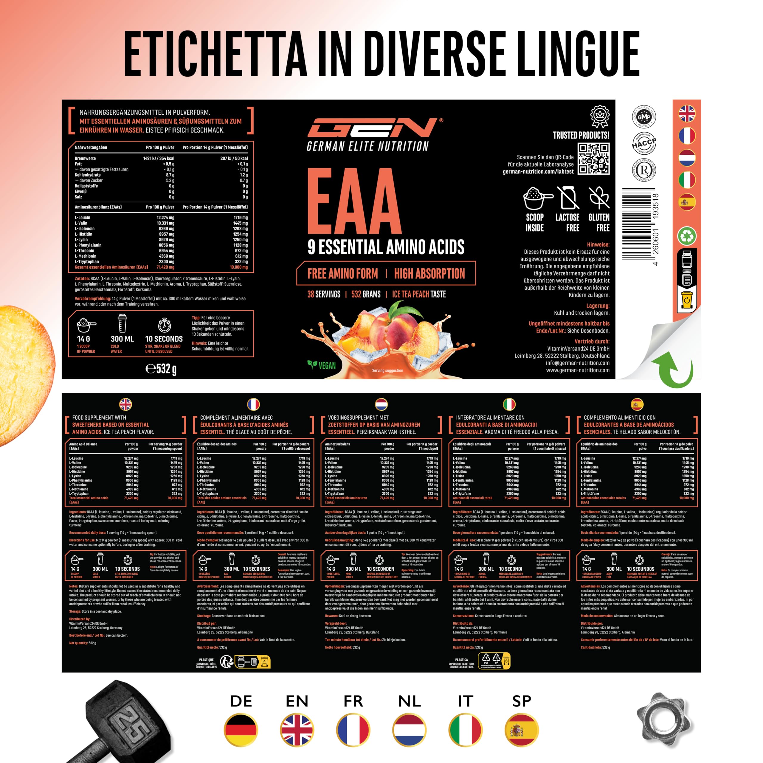 Elite EAA & BCAA EAA in polvere 532 g tè freddo alla pesca, 9 aminoacidi essenziali