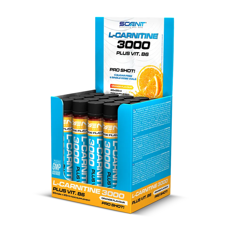 Scenit Nutrition Potenciadores deportivos L-Carnitine 3000 + Vitamina B6 shot 20 x 25 ml arancia
