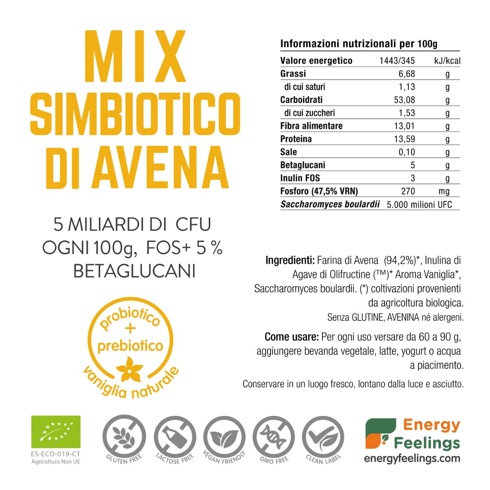 Energy Feelings Dietetica e integratori Mix Fibra Prebiotico + Probiotico farina d'avena vaniglia 1 kg senza glutine