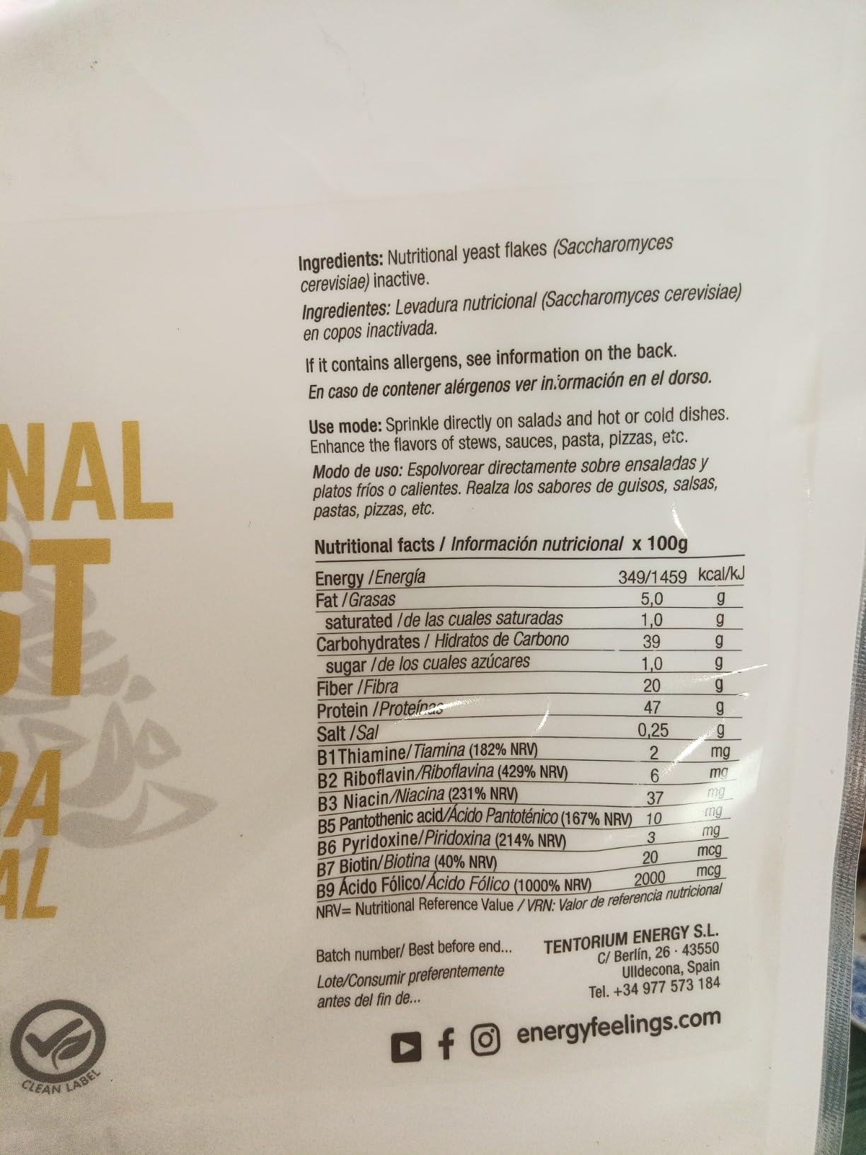 Energy Feelings Levadura Nutricional Lievito Nutrizionale in Scaglie 250 g vegano