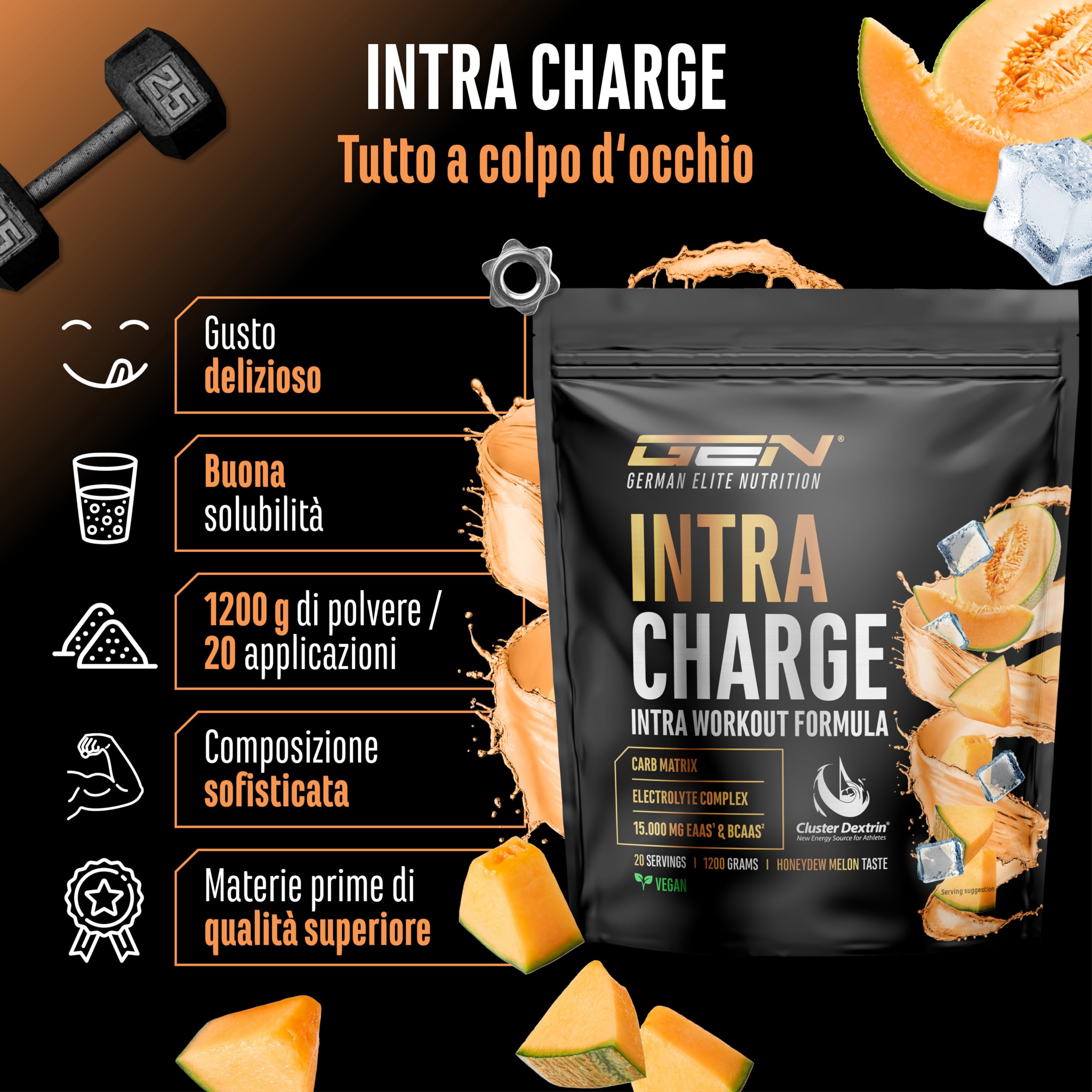 Elite Pre-Workout & Pump Intra Charge Workout Drink bevanda in polvere 1,2 kg Honeydew Melon