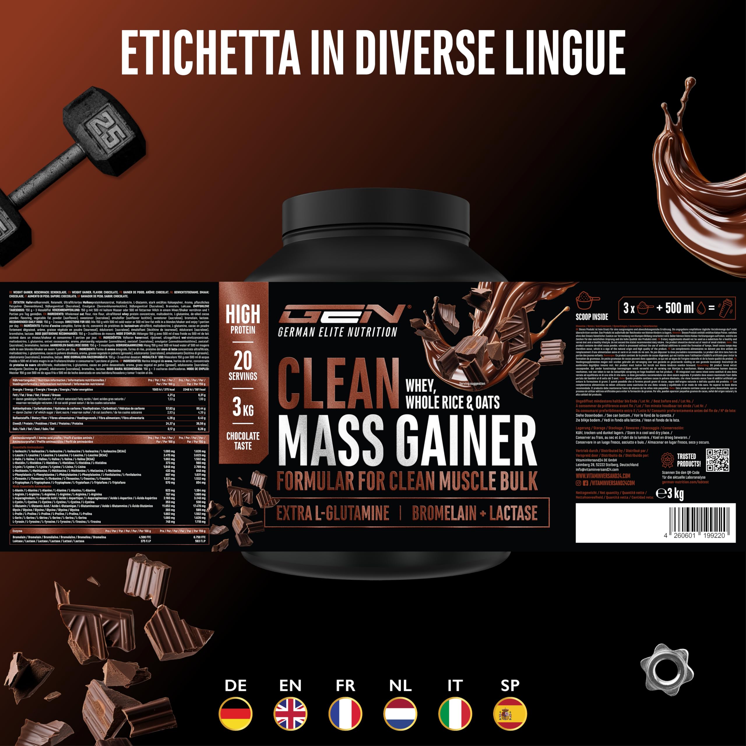 Elite Carbs & Mass Gainers Clean Weight Gainer polvere 3 kg cioccolato con carboidrati complessi