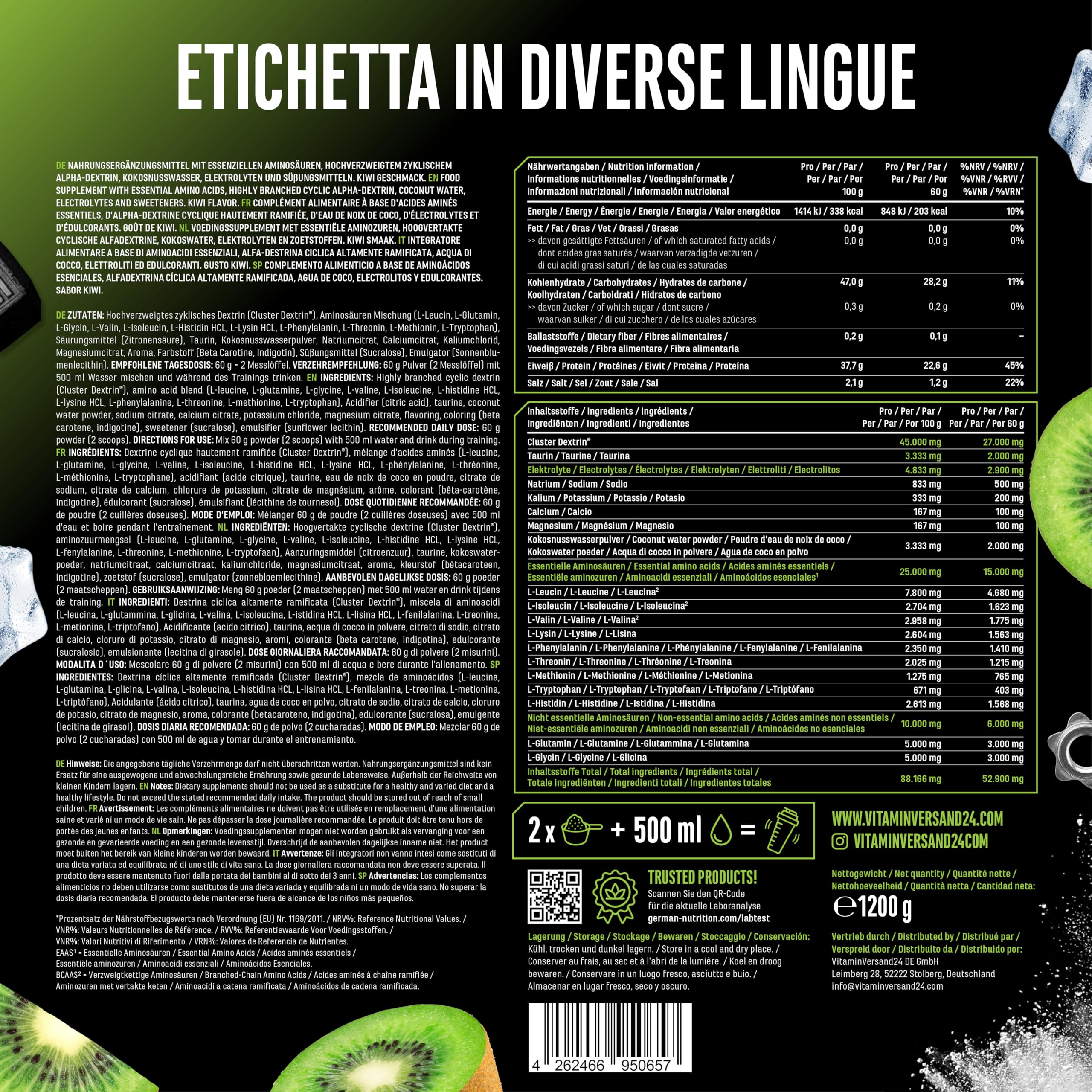 Elite Pre-Workout & Pump Intra Charge Workout Drink 1,2 kg Kiwi Vegano