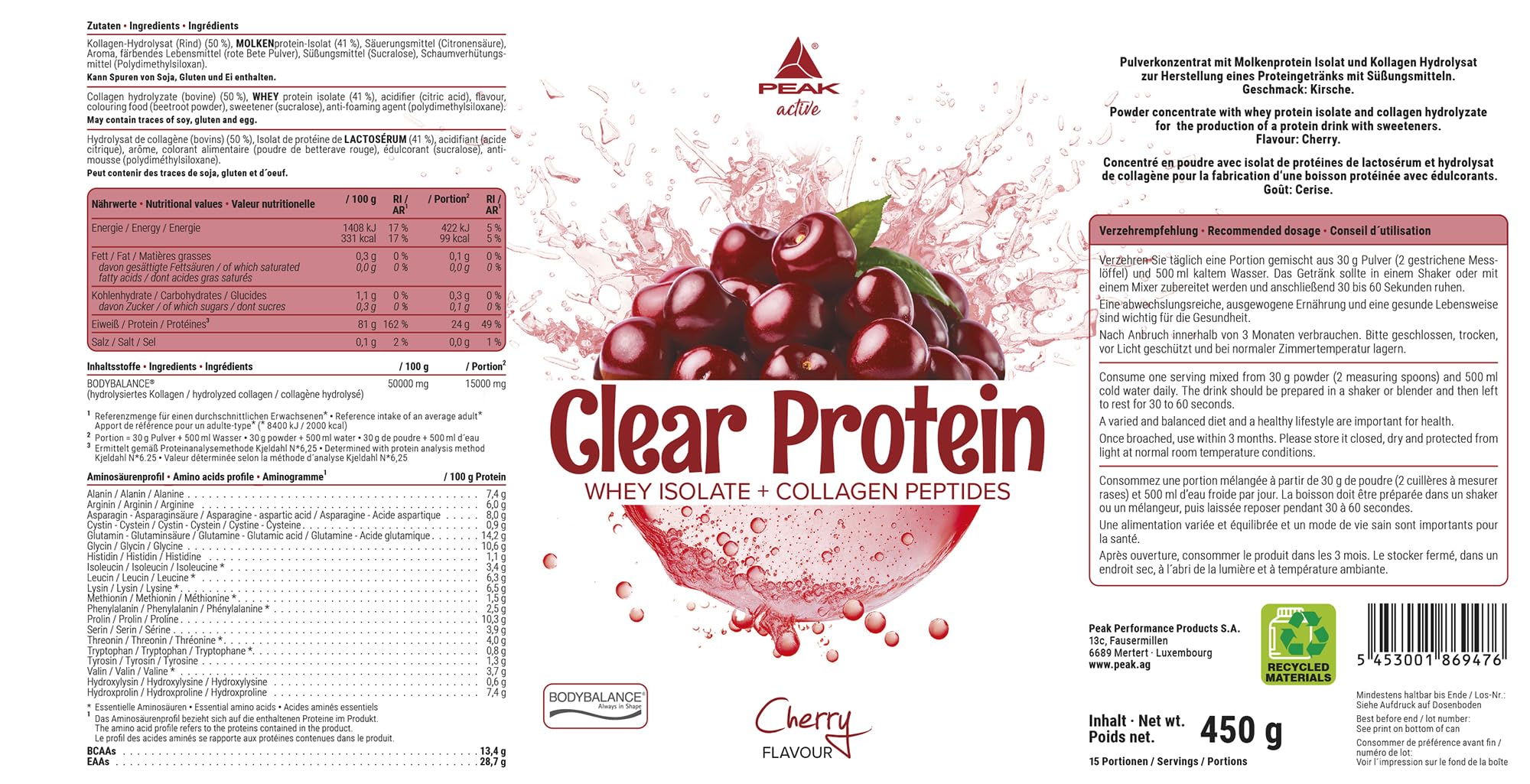 Green Peak Proteins PEAK Clear Protein proteine 450 g ciliegia trasparente