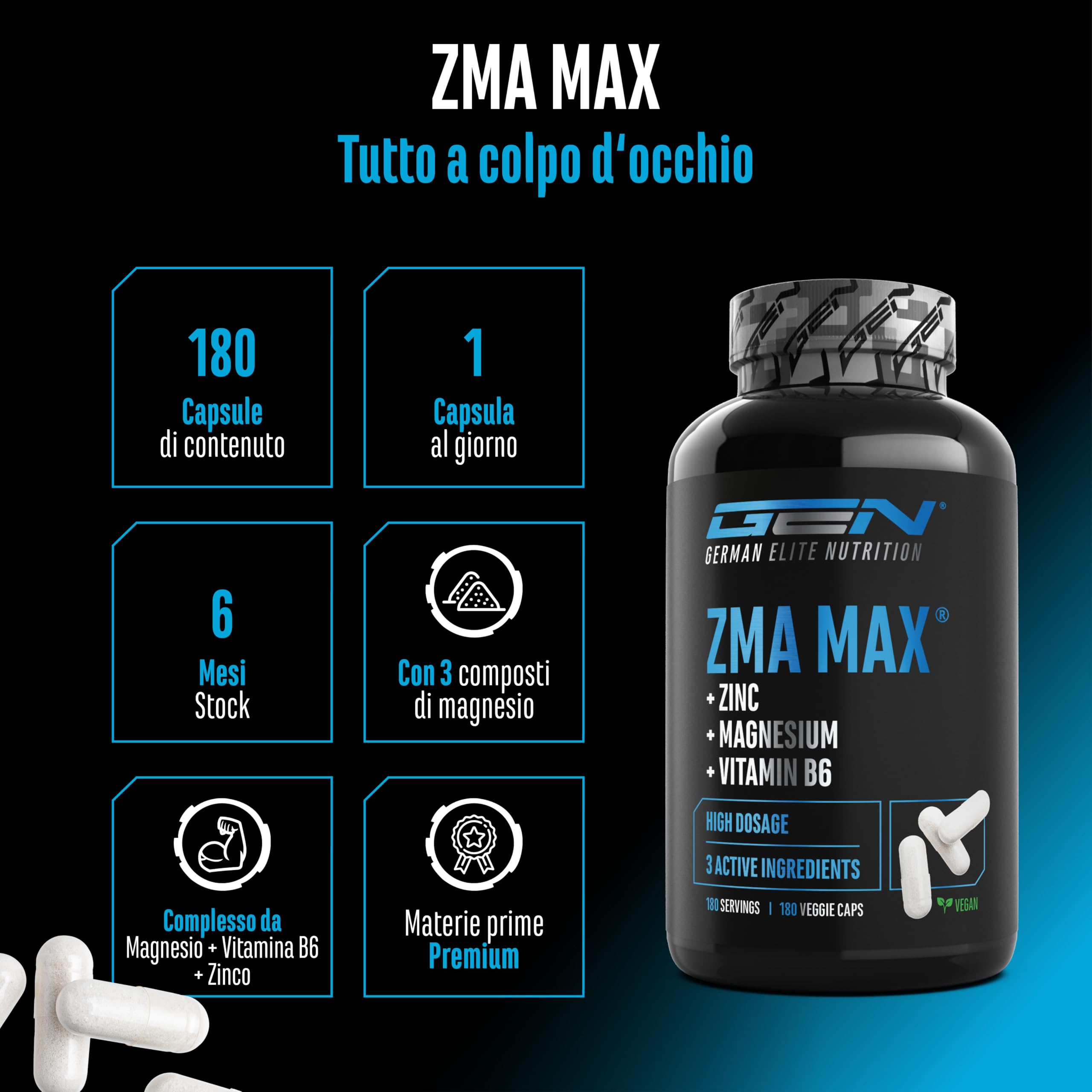 Elite Vitamins, Minerals & Hydration ZMA MAX capsule 180 pezzi magnesio zinco